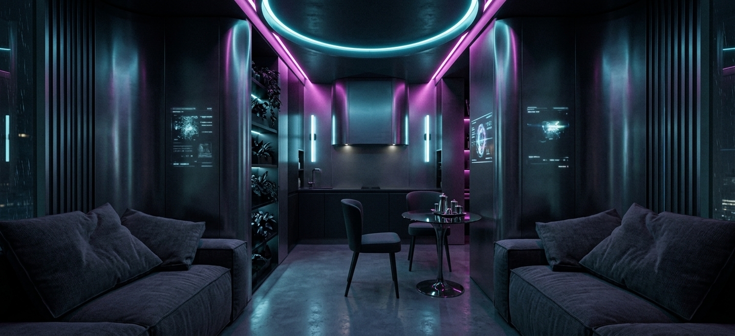 An incredibly lifelike, richly detailed, photorealistic wide-angle interior photograph of a sleek, high-tech dining and living space set in a moody neon-noir cyberpunk penthouse. The scene is illuminated by low-key ambient backlighting and glowing cyan and vivid magenta neon strips recessed within the circular ceiling cove, creating an enigmatic, futuristic atmosphere. Captured with a 24mm wide-angle architectural lens on a full-frame camera, emphasizing the reflective metal finishes, matte obsidian surfaces, and textured charcoal fabrics. In the foreground, symmetrical deep-gray modular lounge sofas with plush cushions frame the composition on both sides, while the central polished concrete floor leads the eye to a minimalist dining setup featuring a circular smoked-glass pedestal table, dark-framed ergonomic chairs, and a metallic drinkware set that catches vivid neon reflections. Flanking the corridor, expansive curved titanium wall panels feature subtle glowing holographic art displays and cybernetic vertical shelving lined with dark bio-luminescent indoor plants. In the background alcove, the streamlined kitchen boasts matte carbon-fiber cabinetry, vertical glowing light bars, and an aerodynamic dark-steel range hood, perfectly uniting urban grit with cutting-edge minimalist luxury.