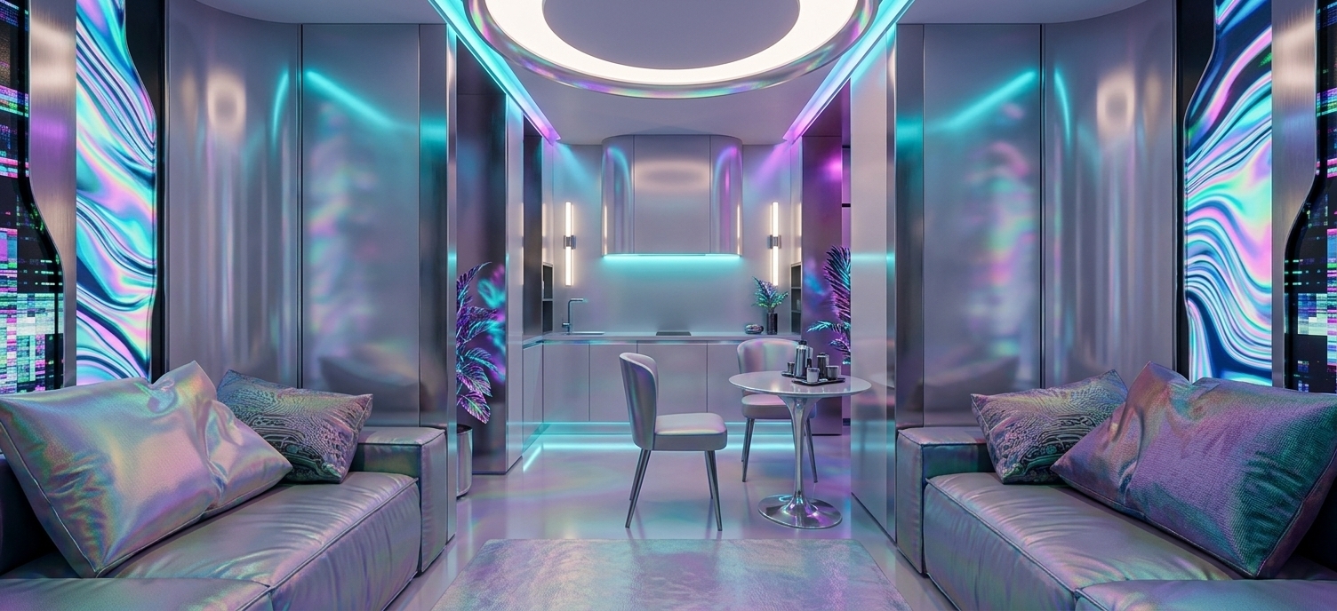 An incredibly lifelike, richly detailed, photorealistic wide-angle interior photograph of a techno-wonderland dining and living space set in an avant-garde futuristic luxury apartment. The scene is illuminated by soft, recessed circular ceiling illumination complemented by vibrant neon undertones in electric cyan, magenta, and holographic accents, creating an immersive, playful, and dynamically futuristic atmosphere. Captured with a 24mm wide-angle lens on a full-frame camera, emphasizing the reflective metallic surfaces, high-gloss plastic finishes, and rich fabric textures with sharp, crystal-clear depth of field. In the foreground, two sleek modular daybeds feature cushions in iridescent, contrasting chromatic textiles flanking the entry corridor. Flowing curved accent walls framed with glitch-art digital panels and brushed chrome elements guide the eye toward the center dining nook, where a glossy pedestal tulip table and sculptural modern chairs sit ready for entertaining. In the background, a high-tech minimalist kitchenette is integrated seamlessly with sleek under-cabinet glow, illuminated vertical techno-inspired sconces, and subtle, vibrant indoor foliage that introduces an organic touch to the surreal, digital-forward sanctuary.