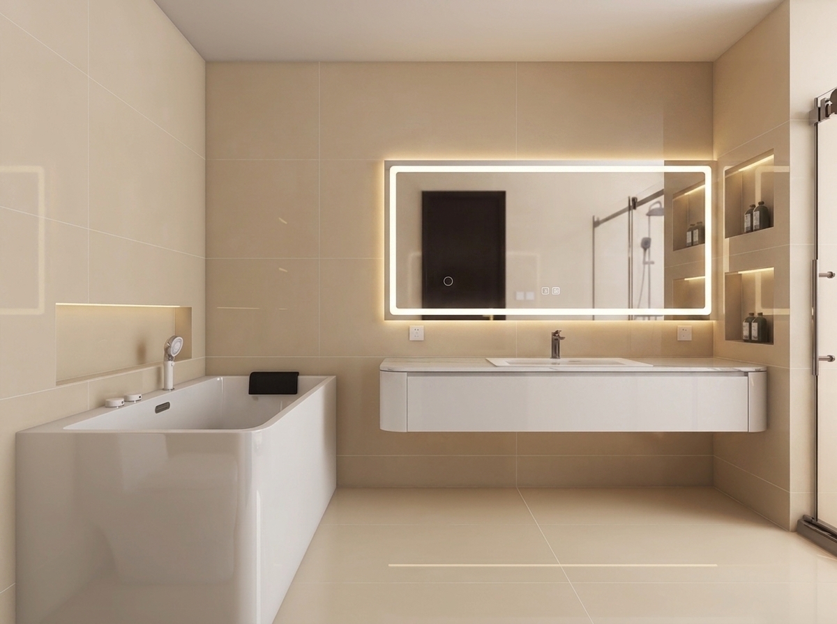 Replace the oval LED mirror with a rectangular backlit LED mirror matching the exact width of the floating bathroom vanity below it.