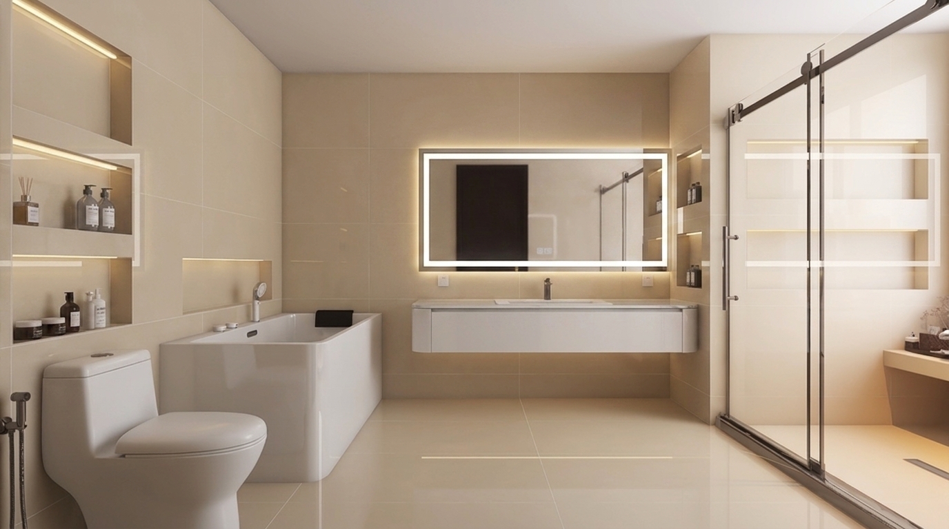 Replace the oval LED mirror above the sink with a rectangular LED-backlit mirror that matches the exact width of the floating vanity beneath it, maintaining the rest of the bathroom unchanged.