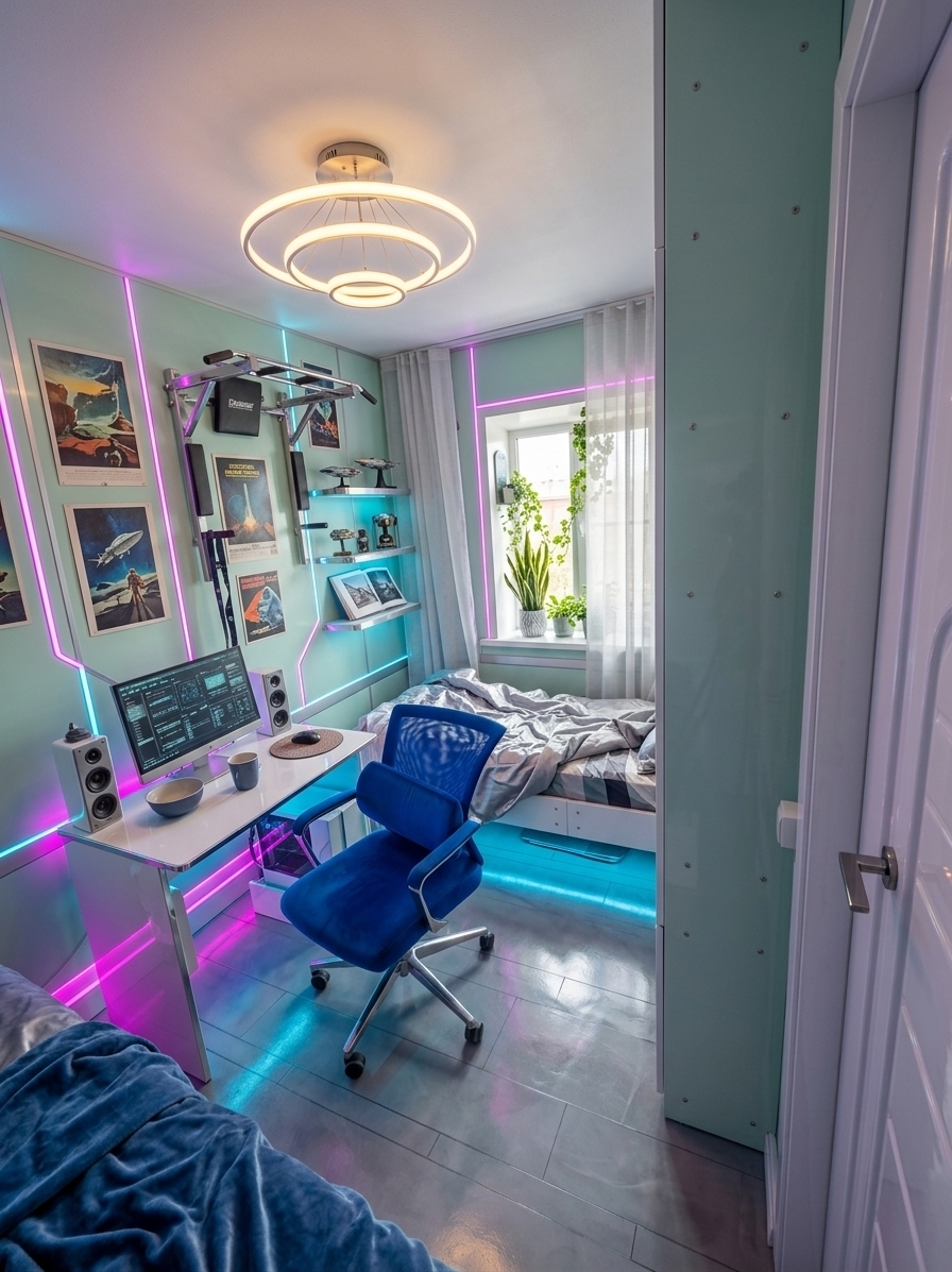 An incredibly lifelike, richly detailed, photorealistic wide-angle shot of a reimagined retro-futuristic bedroom and workstation set in a stylish urban apartment. The scene is illuminated by the warm ambient glow of a circular space-age ceiling pendant, subtle under-desk magenta and cyan neon backlighting, and diffused morning daylight streaming through sheer modular blinds, creating an energetic yet cozy, nostalgic atmosphere. Captured with a professional 24mm wide-angle lens, emphasizing high-gloss molded fiberglass, brushed chrome trims, and rich velvet upholstery, the reimagined room transforms the compact footprint into a sleek 1960s-meets-sci-fi sanctuary. The walls are finished in a muted pastel mint paneling lined with glowing neon geometric accents and framed vintage sci-fi concept art, while a streamlined cantilevered white acrylic desk replaces the old wooden station, paired with an ergonomic mid-century modern swivel chair upholstered in vivid royal blue velvet. Beside the workspace, a low-profile platform bed with rounded aerodynamic edges is dressed in metallic silver and geometric-print linens, nestled under the window sill where sculptural ceramic planters hold vibrant indoor snake plants and trailing ivy that catch the soft natural light. Sleek floating wall modules display curated retro-futuristic artifacts and open photography books, all reflected beautifully upon a polished micro-cement floor that ties the bold colors, fluid curves, and futuristic textures into a harmonious, high-concept living space.