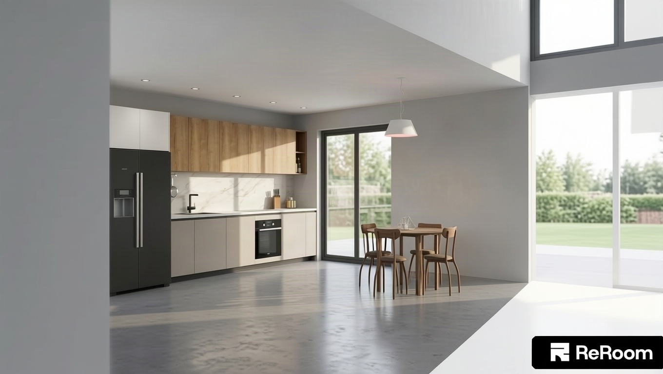 A clean, eye-level interior photograph of this modern kitchen and dining space, illuminated by crisp, bright spring morning sunlight streaming through the windows and sliding glass doors. The natural lighting casts soft, authentic diagonal shadows across the natural wood grain upper cabinets, smooth matte beige lower cabinetry, and subtle veined marble backsplash. The polished surfaces exhibit realistic material physics, including faint reflections on the black refrigerator, polished metal cooking utensils, and glassware, complemented by gentle, warm ambient light from the modern white pendant lamp. The concrete or micro-cement floor reflects soft environmental light, while true-to-life textures, natural depth of field, subtle film grain, and clean, balanced exposure give the entire architectural scene an authentic photographic presence.