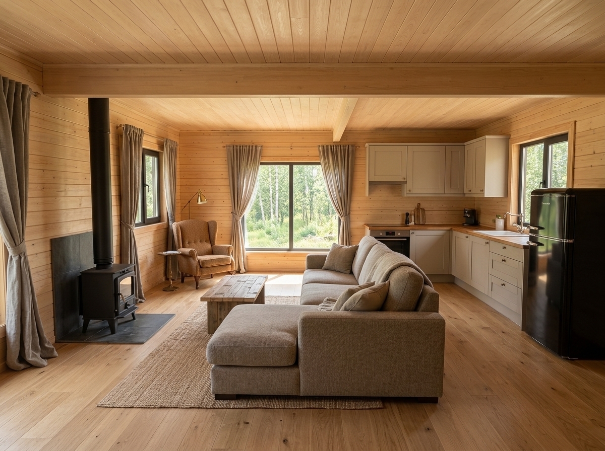 Transform this unfinished wooden cabin room into a fully furnished, cozy living space:

- **Ceiling & Floor**: Cover exposed rafters with a flat wood-paneled ceiling level with the bottom horizontal beam. Install finished light wood plank flooring over the joists.
- **Walls & Windows**: Keep the natural horizontal timber walls with a light, warm blonde tint. Add wooden trims and cozy fabric curtains to all windows.
- **Kitchen Area**: Install an L-shaped corner kitchen along the far right walls, complete with cabinetry and a medium-sized refrigerator on the right wall.
- **Living Area**: Place a comfortable L-shaped sectional sofa in the center of the room, oriented facing away from the large rear window. 
- **Fireplace**: Add a compact black cast-iron wood stove/fireplace in the front-left corner, paired with a cozy armchair nearby.
- Remove all construction materials, loose insulation, and packaging, filling the space with warm, natural daylight.