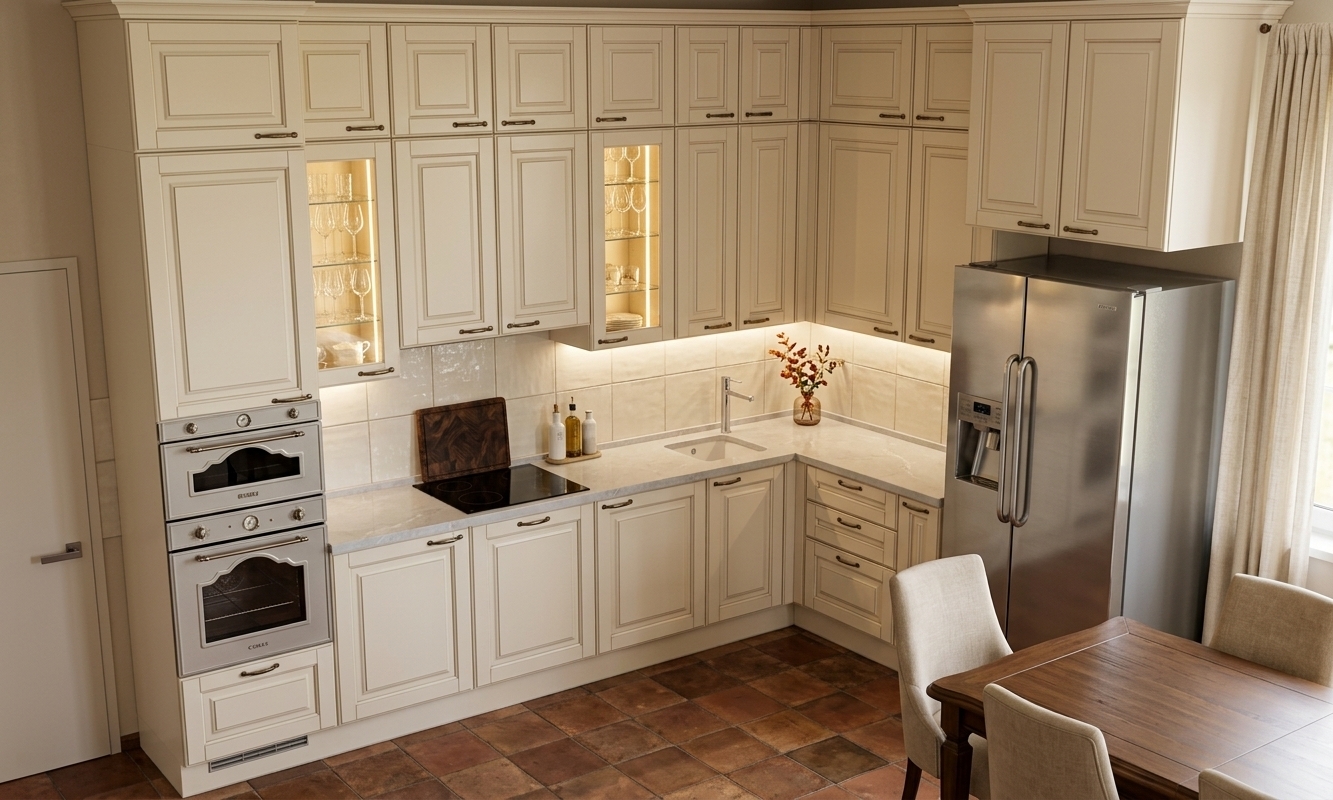 An incredibly lifelike, richly detailed, photorealistic wide-angle interior shot of a luxurious classic kitchen set in a bright autumnal home. The scene is illuminated by crisp, soft midday autumn daylight streaming through flowing linen curtains by the window, complemented by subtle warm LED accent lights, creating a warm, inviting, and contemporary elegant atmosphere. Captured with a professional 24mm tilt-shift architectural lens, emphasizing rich material textures, glossy crystal reflections, and exquisite millwork. 

Preserving the exact layout, the cabinetry is rendered in a soft cream-lacquered finish with refined neoclassical profile moldings and antique bronze handles. Inside the illuminated upper glass vitrines, delicate vertical LED light strips embedded into the side panels cast a golden shimmer across elegant crystal wine glasses. A smooth, light-grey quartz countertop hosts a black induction cooktop, modern chrome faucet, and tasteful minimalist decor including an artisan cutting board and ceramic accents. Below, the floor is finished in rich, earthy terracotta tiles with natural tonal variations, while the foreground is framed by a classic dark wood dining table paired with gracefully upholstered beige chairs, completing a harmonious and timeless culinary space.