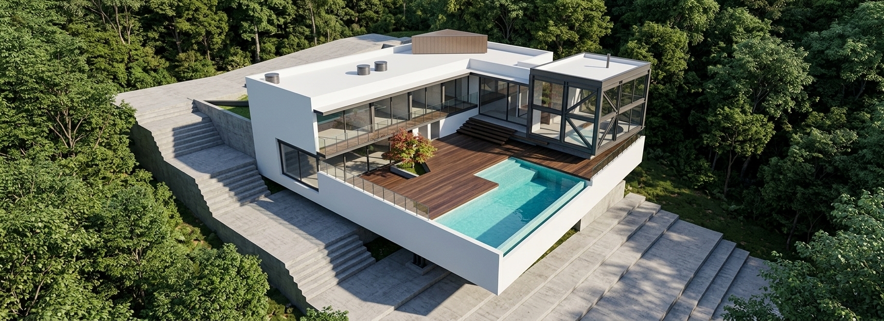 An incredibly lifelike, richly detailed, photorealistic elevated aerial shot of a contemporary luxury residence set in a lush hillside surrounded exclusively by pristine native green forest. The scene is illuminated by soft, bright morning natural sunlight, casting crisp linear shadows and creating a serene, sophisticated atmosphere of modern elegance. Captured with a professional wide-angle architectural lens, emphasizing smooth, pristine white masonry walls with defined parapet rooflines (platibandas), dark industrial metal structural framing, and expansive floor-to-ceiling glass panels reflecting the sky. The central courtyard features rich dark-toned wooden decking stepping down toward a crystal-clear turquoise pool, with modern glass-paneled railings seamlessly integrating the multi-level volumes into the sloping natural topography.