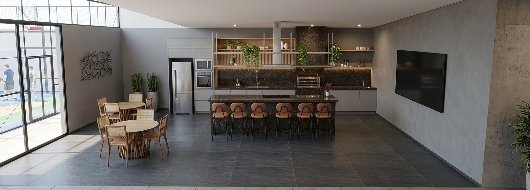 A photorealistic architectural photograph capturing the condominium gourmet space with the exact composition, perspective, and layout fully preserved. The floor features authentic matte São Tomé stone tiles with subtle natural texture, while the kitchen countertops, central island, and barbecue structure display polished Café Imperial granite with rich dark crystalline specks and realistic specular reflections. The painted neutral walls have a smooth, tactile matte finish, complemented by realistic brushed stainless steel on the appliances and range hood. Natural wood and woven cane textures define the dining sets, while warm architectural downlights and balanced ambient daylight create soft contact shadows, subtle highlights, and lifelike depth across all surfaces.