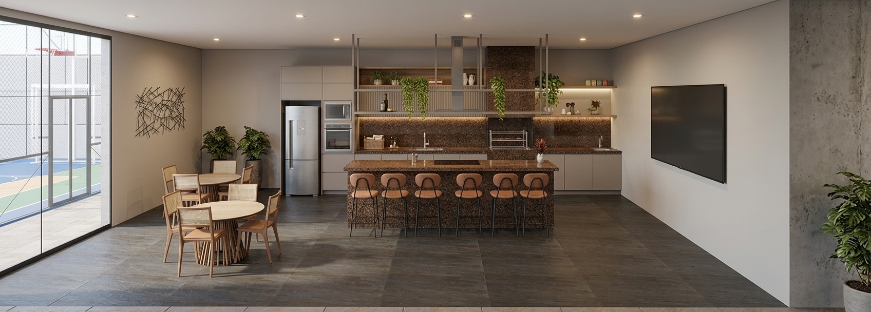 A high-end architectural photograph capturing the condominium gourmet space exactly as framed, featuring light São Tomé natural stone flooring with realistic matte texture and polished Café Imperial brown granite on the countertops and island, displaying rich crystalline depth and soft reflections. The cabinetry is finished in smooth matte Gianduia-toned MDF alongside realistic stainless steel appliances, a built-in grill, and styled shelving with vibrant hanging greenery. Natural daylight enters from the adjacent sports court area, balancing seamlessly with warm ambient architectural lighting to cast soft, natural shadows across the painted walls and dining furniture, captured with a sharp wide-angle lens, clean exposure, and subtle photographic grain.