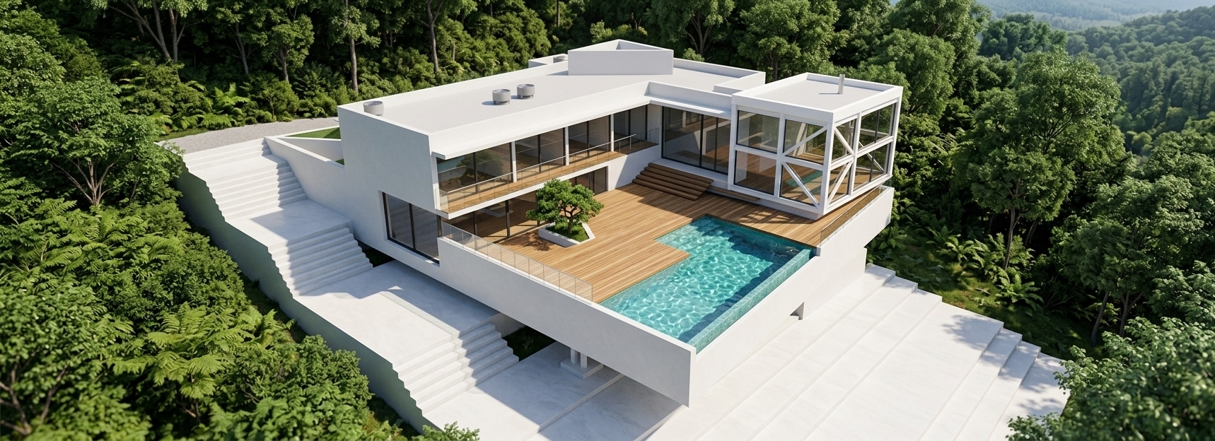 An incredibly lifelike, richly detailed, photorealistic high-angle architectural shot of a contemporary cantilevered luxury villa set in a lush, untouched hillside of dense native forest. The scene is illuminated by radiant mid-morning sunlight casting crisp, elegant shadows, creating a serene, sophisticated, and tranquil atmosphere. Captured with a 24mm architectural tilt-shift lens, emphasizing pristine smooth white masonry, warm slatted teak decking, crystal-clear glass railings, and the shimmering turquoise surface of the custom L-shaped infinity pool. Seamlessly floating above the vibrant natural greenery without raw concrete terraces, the home showcases clean minimalist geometry, featuring pure white stucco facades, a crisp white parapet crowning the front glazed steel pavilion, and expansive floor-to-ceiling glass openings that harmoniously blend modern elegance with the wild surrounding landscape.