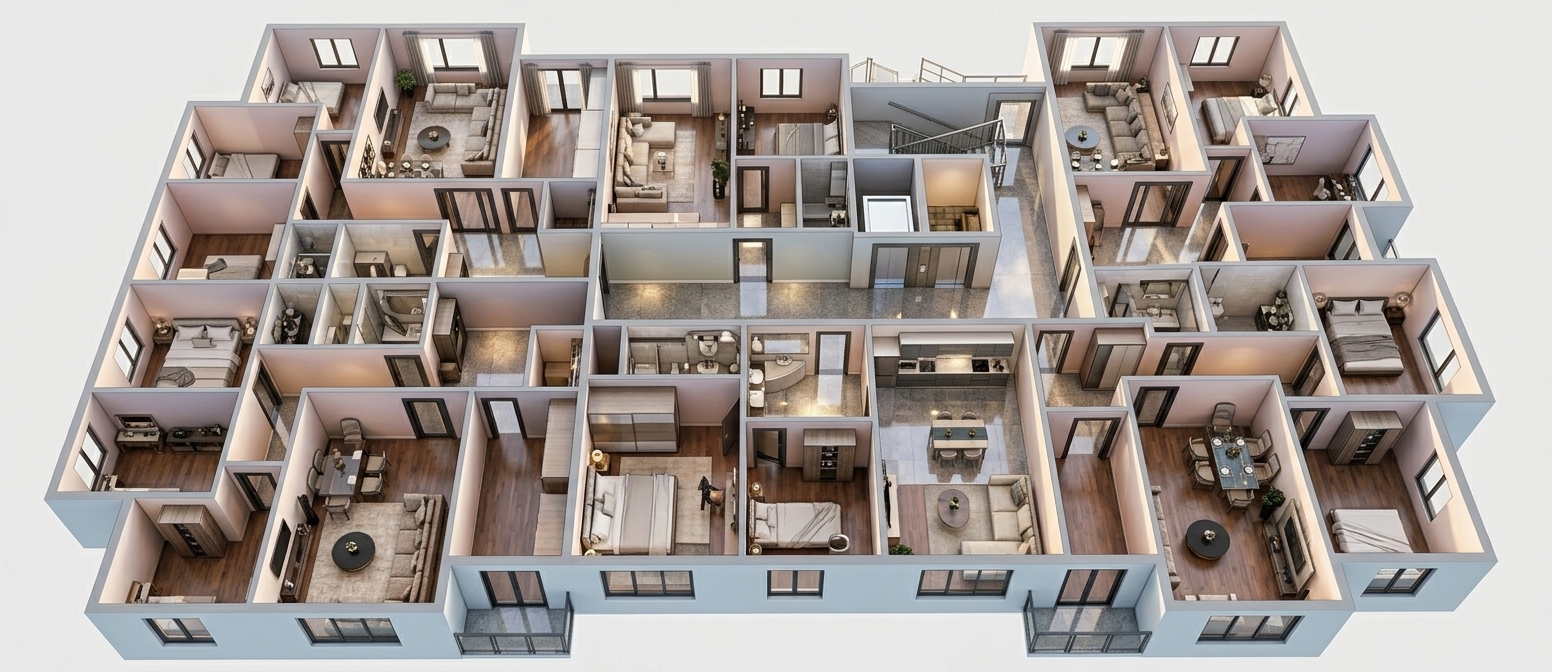 An incredibly lifelike, richly detailed, photorealistic high-angle isometric architectural visualization of a luxurious contemporary multi-family residential floor plan set in an upscale urban development. The scene is illuminated by radiant, natural daylight streaming through expansive exterior windows alongside soft, warm layered ambient lighting within each room, creating a bright, welcoming, and sophisticated atmosphere. Captured with a professional tilt-shift architectural lens, emphasizing refined material textures, crisp structural lines, and thoughtful spatial flow, the cutaway reveals multiple fully appointed private residences surrounding a grand central hallway finished in highly reflective, polished granite flooring. Each apartment features rich, warm-toned laminate flooring throughout the expansive living and dining areas and tranquil bedrooms, which are tastefully styled with plush low-profile sofas, designer dining tables, and tailored minimalist bedding against soft pastel-toned walls. In striking contrast, the kitchens, entrance foyers, and luxurious bathrooms gleam with premium ceramic floor and wall tiling, high-end quartz countertops, and sleek contemporary cabinetry. Accented with dark metal door frames, integrated mudroom storage niches, and a meticulously detailed central staircase and elevator core, every quadrant of the floor plan is rendered with lifelike depth, subtle contact shadows, and impeccable craftsmanship.