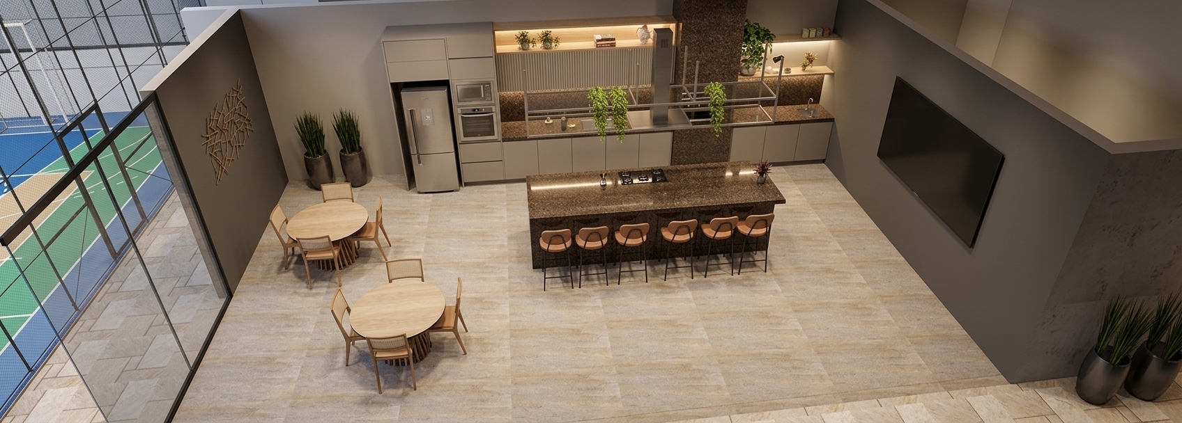 A photorealistic architectural photograph preserving the exact high-angle perspective, layout, and composition of the condominium gourmet space. The flooring is rendered in authentic light São Tomé natural stone with subtle texture and soft grout lines, while the countertops and large central island feature polished Café Imperial granite with realistic glossy reflections. Cabinetry is finished in smooth matte Gianduia MDF, paired with painted walls, lush green foliage in the planters, and brushed metallic appliances. Warm, diffused interior architectural lighting works in harmony with natural daylight spilling in from the adjacent sports court, creating soft contact shadows beneath furniture, balanced highlights, and crisp photographic clarity throughout the scene.