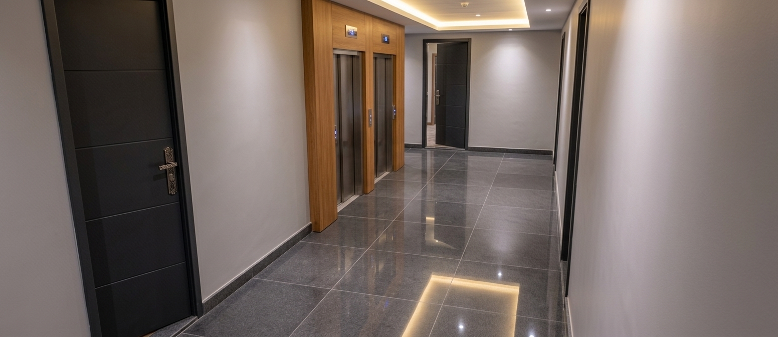 An incredibly lifelike, richly detailed, photorealistic eye-level architectural shot of a contemporary luxury apartment building corridor set in an upscale residential complex. The scene is illuminated by ambient warm LED strip cove lighting recessed into a clean gypsum ceiling, complemented by subtle downlights that cast soft, realistic gradients across the space, creating an inviting, serene, and sophisticated atmosphere. Captured with a professional wide-angle architectural lens at f/8, emphasizing the seamless finishes, precise geometry, and crisp material textures. Stretching across the floor are large-format deep gray polished granite tiles with a mirror-like sheen that realistically mirrors the glowing ceiling lights and corridor perspective, trimmed flawlessly at the perimeter with matching sleek granite baseboards. The walls are rendered in a silky smooth, satin pastel gray paint, providing an elegant backdrop for the prominent dual elevators encased in rich, natural warm wood paneling, complete with brushed stainless steel doors, luminous digital floor indicators, and backlit call buttons. Contemporary dark charcoal apartment doors with subtle horizontal panel grooves and refined metallic hardware frame the foreground and background, culminating in an immaculate composition marked by authentic material reflections, sharp depth of field, and balanced cinematic interior lighting.
