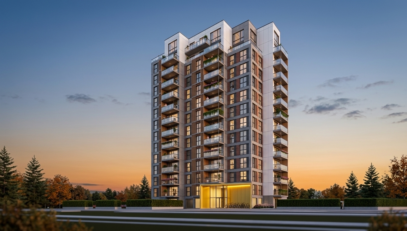 An incredibly lifelike, richly detailed, photorealistic dynamic perspective shot of a 14-story modern high-rise residential apartment building set in a sophisticated urban streetscape during crisp autumn. The scene is illuminated by the radiant amber glow of a setting sun harmonized with warm, inviting light glowing from within chic living room interiors and integrated architectural exterior lighting, creating a warm, prestigious, and vibrant atmosphere. Captured with a professional tilt-shift architectural lens, emphasizing the intricate tactile interplay between multi-toned smooth concrete, crisp white metal cladding, warm red brick insets, and elegant vertical wooden lamellas accented with subtle Art Deco glamour. The soaring facade is animated by expansive floor-to-ceiling windows with dark charcoal frames and cascading vertical tiers of balconies with pristine glazed railings, where potted flowers, lush hanging greenery, and residents enjoying the sunset breeze bring life to the upper terraces. At the building's base, a distinctive, illuminated golden-yellow portal frames a contemporary glass entrance lobby beside sheltered bicycle racks, flanked by neatly trimmed manicured hedges and subtle pine landscaping that ground the sleek, towering geometric structure against the vivid twilight sky.