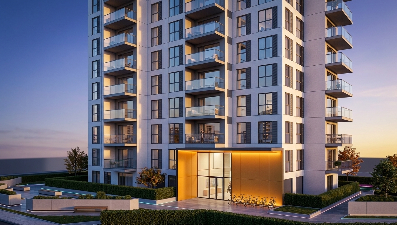 An incredibly lifelike, richly detailed, photorealistic wide-angle architectural shot of a modern residential high-rise tower set in a sleek, landscaped urban plaza during a crisp autumn evening. The scene is illuminated by the radiant golden and violet hues of a setting sun, casting warm highlights across the glass balconies and deep, clean shadows along the structured white and cool gray facade, creating a tranquil, sophisticated, and futuristic atmosphere. Captured with a high-end 24mm architectural tilt-shift lens, emphasizing the crisp geometry, immaculate panel textures, and pristine glass reflections, the visualization highlights the building’s soaring presence, accented by a striking, warmly illuminated amber ground-floor entrance pavilion that houses sleek bicycle racks and a luminous, minimalist glass lobby. Glimpses through the expansive windows suggest uncluttered, digital zen interiors with streamlined modern decor, while neat perimeter hedges and subtle ambient neon accents enhance the building’s cutting-edge yet serene urban aesthetic.