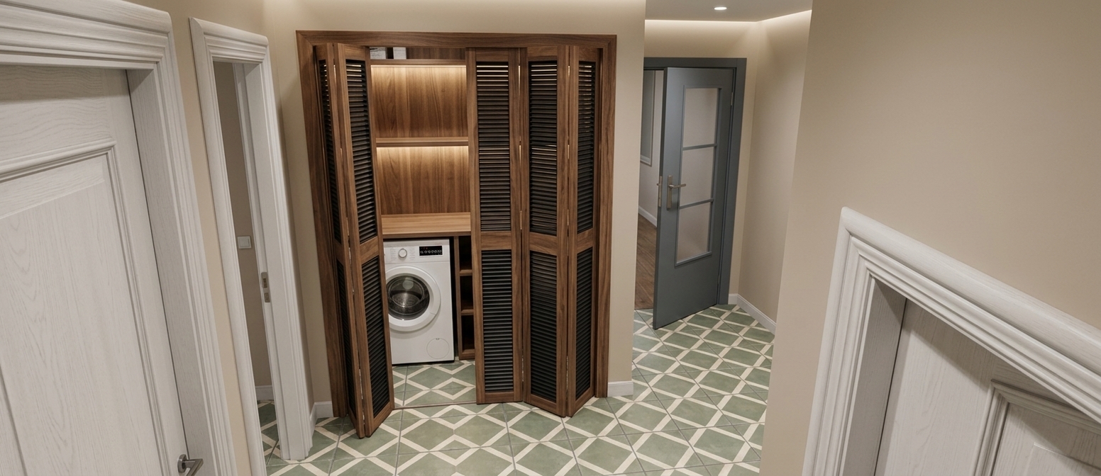 An incredibly lifelike, richly detailed, photorealistic high-angle interior view of a sophisticated utility and laundry corridor set within a modern minimalist apartment. The scene is illuminated by soft, balanced ambient lighting paired with warm integrated LED strip lights hidden within the closet recess, creating a calm, functional, and welcoming atmosphere. Captured with a professional 24mm architectural wide-angle lens, emphasizing the organic grain of rich American walnut wood frames, the fine texture of black metal slatted louvered bi-fold panels, and the subtle variations of vintage-inspired matte geometric floor tiles in sage green and cream tones. The elegant folding closet doors are partially folded open to reveal a crisp, front-loading white washing machine nestled precisely beneath tailored wood-veneer storage shelving. Smooth beige walls, a detailed white molded door casing in the immediate foreground, and a modern slate-grey interior door resting slightly ajar in the background complete the composition, bringing a clean, hyper-realistic balance of craftsmanship, utility, and refined residential design to life.