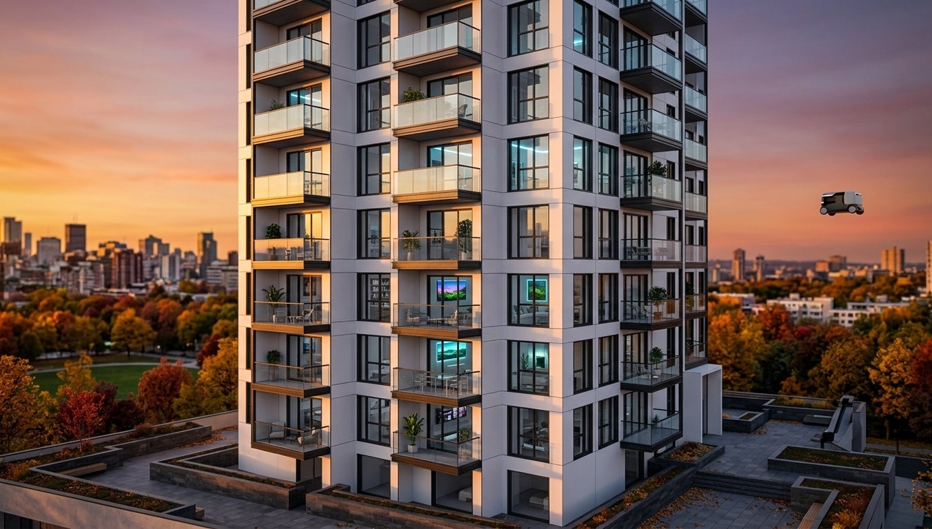 An incredibly lifelike, richly detailed, photorealistic three-quarter exterior view of a sleek high-rise residential tower set in an urban autumn landscape at sunset. The scene is illuminated by the golden amber glow of the setting sun casting long, dynamic shadows while contrasting with subtle, vibrant neon interior lighting, creating a tranquil, innovative, and digital zen atmosphere. Captured with a high-end full-frame tilt-shift architectural lens, emphasizing pristine white composite facade paneling, dark streamlined metal framing, and crystalline glass balcony balustrades. Through the expansive floor-to-ceiling glazing, glimpses of high-tech, uncluttered living rooms are visible, elegantly curated in shades of cool grays and whites with sleek metal and glass furniture, lush indoor plants, photography books on floating consoles, and glowing digital landscape wall art, seamlessly merging futuristic cyberpunk elegance with modern minimalist tranquility.