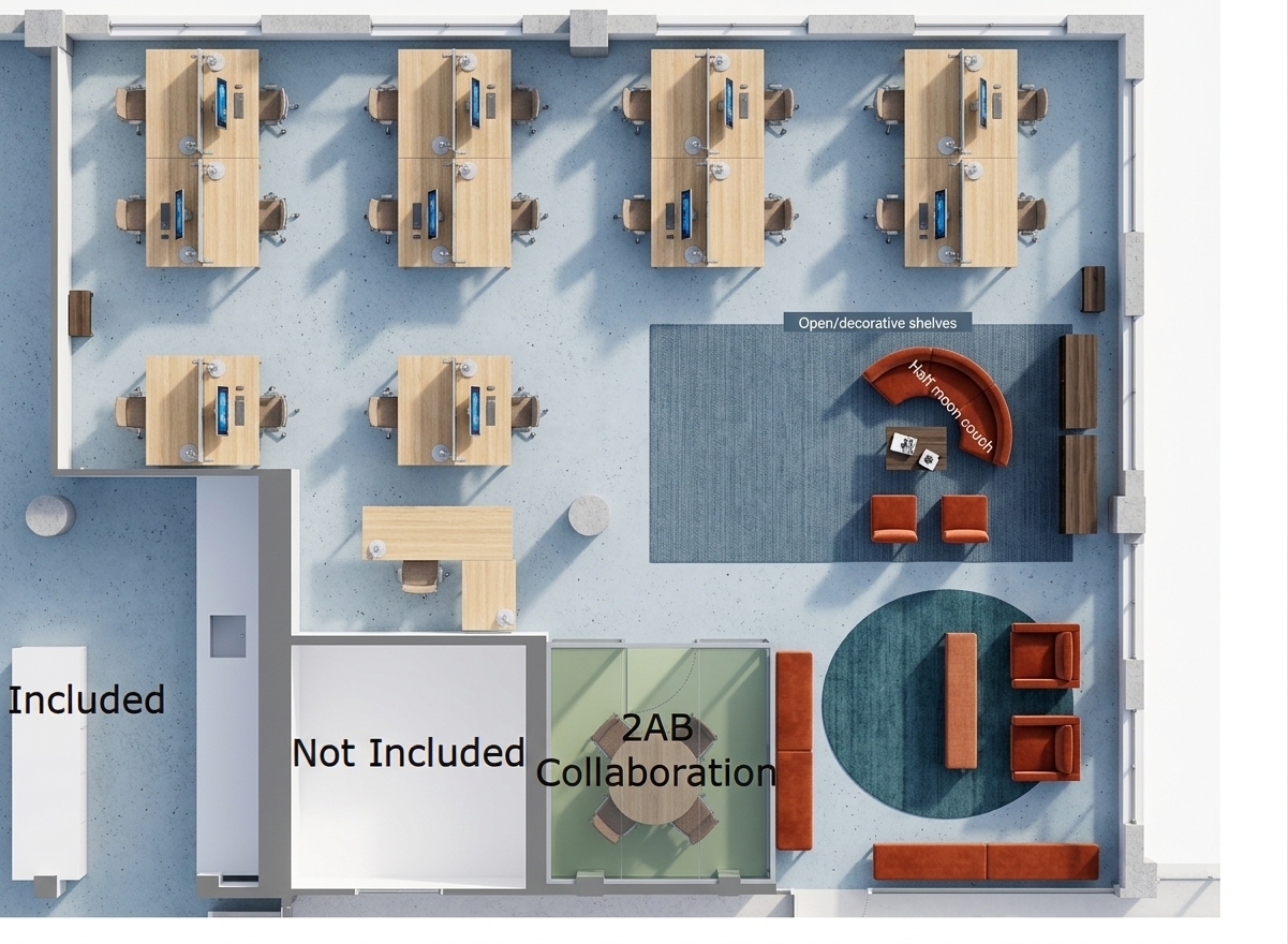 A top-down architectural photograph of the modern office floor plan, precisely maintaining the established layout and structural geometry. The interior is finished in a bright Scandinavian aesthetic featuring seamless light blonde oak wood flooring, minimalist light-wood desks with realistic computer monitors, and clean white architectural walls. The distinct lounge and breakout zones are defined by deep slate-blue woven area rugs furnished with textured terracotta and warm orange fabric seating, including the curved sofa and accent chairs. Soft, diffused daylight enters from the perimeter windows, casting natural ambient occlusion and gentle contact shadows that accentuate realistic material textures, subtle fabric weaves, and matte wood finishes.