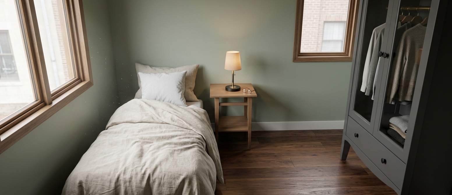 An incredibly lifelike, richly detailed, photorealistic wide-angle interior shot of a compact modern bedroom set in a stylish, serene urban residence. The scene is illuminated by soft natural daylight diffusing gently through the side window paired with warm, subtle ambient lighting, creating a cozy, tranquil, and minimalist atmosphere. Captured with a 24mm architectural prime lens, emphasizing the fine, tactile textures of the smooth satin-finish muted sage walls and the natural, delicate weave of the linen bedding with realistic organic folds. On the left, the single bed is impeccably arranged with layered textiles, flanked by a neat bedside table holding a contemporary lamp with refined metallic details. Rich, dark-toned hardwood flooring stretches across the room with realistic wood-grain reflections and soft contact shadows, while on the right, a classically detailed matte-grey wardrobe with refined black hardware provides balanced contrast and storage. Clean geometric lines, subtle depth of field, and balanced global illumination bring depth and immaculate sophistication to this compact, peaceful haven.