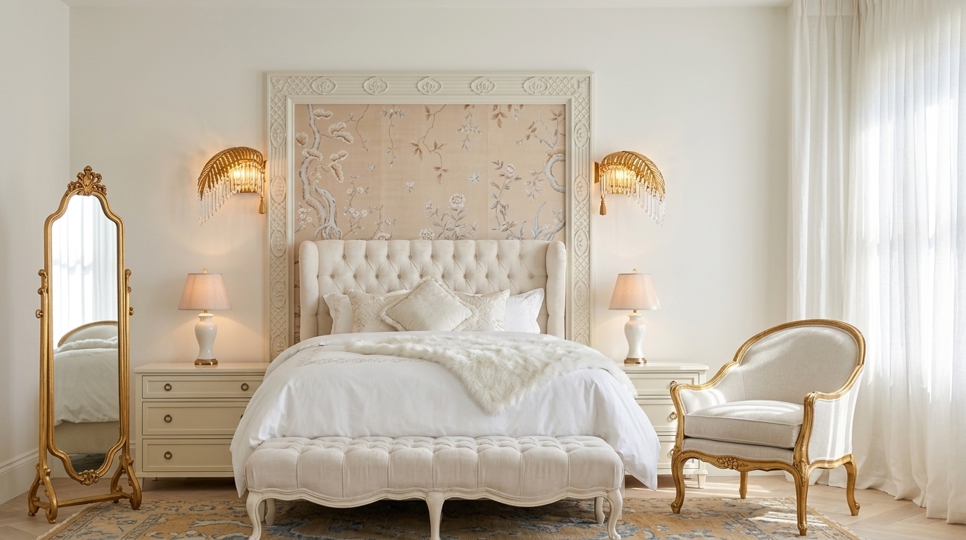 An incredibly lifelike, richly detailed, photorealistic wide-angle interior shot of a luxurious master bedroom set in a bright, modern Parisian-inspired residence during a sunlit summer midday. The scene is illuminated by soft, radiant natural sunlight filtering through sheer, floor-to-ceiling white linen drapes and complemented by the warm, subtle glow from Art Deco crystal-fringed gilded palm sconces and elegant porcelain table lamps, creating a tranquil, luminous, and refined atmosphere. Captured with a 35mm f/2.8 prime lens on a full-frame camera, emphasizing the rich tactile contrasts of plush velvet tufting, smooth painted millwork, hand-embroidered textiles, and polished antique gold accents. At the center, an opulent king-sized bed features an ivory tufted wingback headboard set against an exquisite Chinoiserie silk wall panel in delicate pastel and warm beige tones depicting serene botanical landscapes. The bed is dressed in crisp white linens layered with a plush faux-fur throw, flanked symmetrically by minimalist cream-lacquered three-drawer nightstands. At the foot of the bed, a sculpted French classical tufted bench with delicate cabriole legs rests on a warm ochre and dusty-blue patterned wool area rug over pale oak chevron floors. To the left, a freestanding Rococo-style gilded full-length mirror reflects the airy architecture, while a refined French bergère armchair with gilded trim sits gracefully to the right near the sun-drenched window, perfectly balancing modern restraint with timeless, eclectic grandeur.