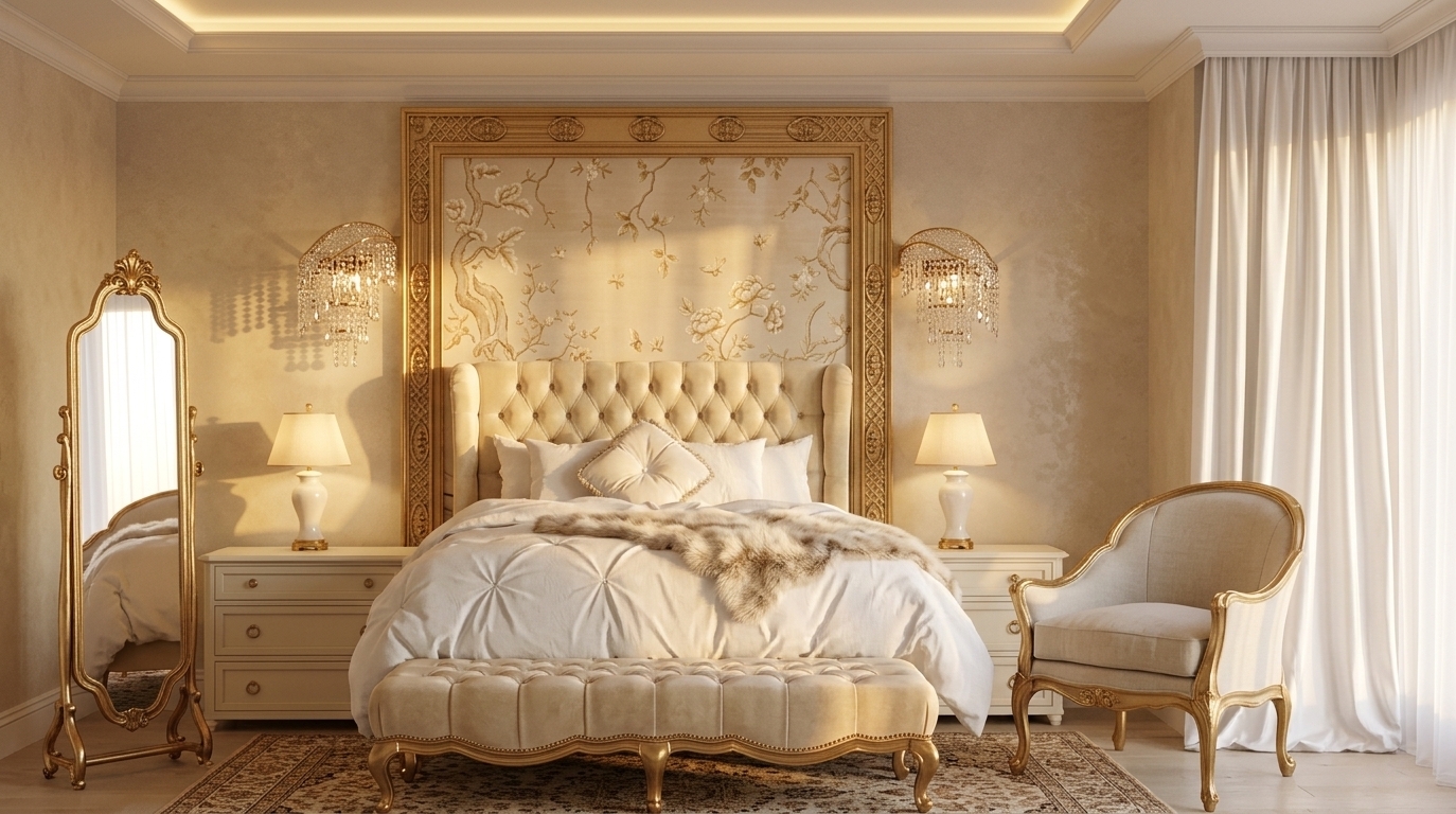 An incredibly lifelike, richly detailed, photorealistic wide-angle interior shot of an opulent master bedroom set in a luxury residence during a warm autumn sunset. The scene is illuminated by the golden, radiant glow of the setting sun harmonizing with warm concealed cove lighting and ambient lamps, creating a dreamy, serene, and sophisticated Moroccan Mystique atmosphere. Captured with a full-frame architectural camera with a 35mm lens at eye level, emphasizing the lavish textures of the tufted cream headboard, plush velvet bench, and gilded wood finishes. The room features beige-and-gold walls seamlessly blending into a hand-painted floral wall panel behind the bed, which is adorned with crisp white linens and a soft fur throw. Flanking the bed, classic ivory nightstands support glowing porcelain lamps under cascading crystal sconces, while an ornate standing mirror, an elegant French-style armchair, sweeping white drapery, and a richly patterned earth-toned rug complete the harmonious, ultra-luxurious composition.
