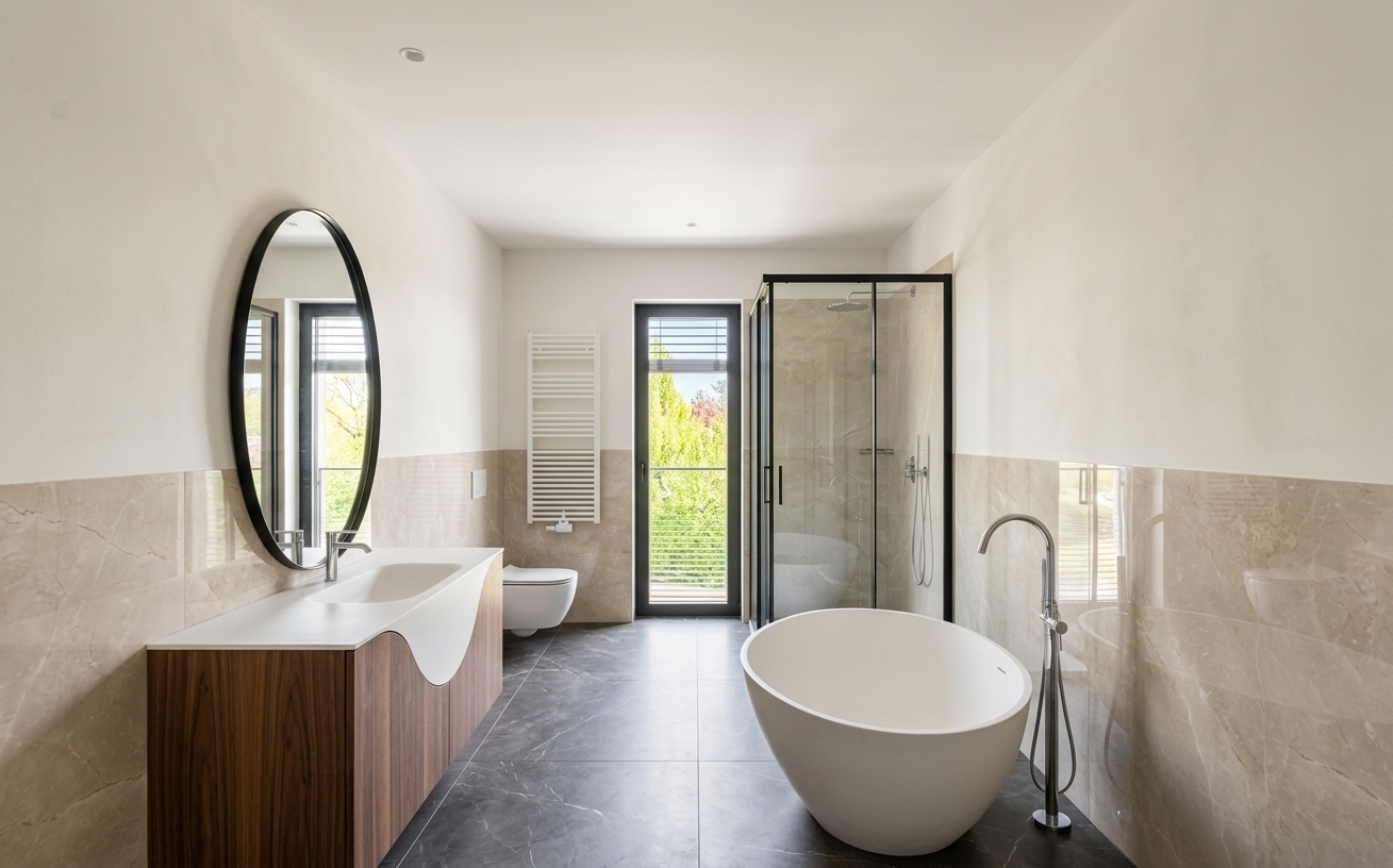 An incredibly lifelike, richly detailed, photorealistic wide-angle interior shot of a luxurious contemporary master bathroom set in an elegant private residence during a bright spring midday. The scene is illuminated by soft, diffused natural daylight streaming through a slender floor-to-ceiling glass door, combined with subtle overhead ambient lighting, creating a calm, airy, and sophisticated atmosphere. Captured with a full-frame professional camera and a 24mm architectural tilt-shift lens, emphasizing the tactile contrasts between polished stone, warm natural timber, and smooth matte composite surfaces.

The focal point on the right features a sculpted, freestanding egg-shaped soaking tub finished in velvety matte white, accompanied by a slim, floor-mounted polished chrome gooseneck faucet that reflects the crisp midday light. Adjacent to the tub, an understated walk-in shower enclosure is framed in slender matte-black metal profiles, showcasing crystal-clear tempered glass panels that reveal subtle reflections of the room.

To the left, a tailored floating vanity anchors the composition, crafted from rich, vertically grained walnut wood. The countertop transitions into an integrated, pristine white composite basin featuring a gracefully contoured, sculptural apron front. Above it hangs a striking full-length oval mirror framed in slender black metal, mirroring the opposite room features and framing the soft incoming light. Further along the left wall, a minimalist white wall-mounted towel radiator and a sleek wall-hung porcelain toilet enhance the uncluttered, streamlined aesthetic.

The material palette is harmonious and refined: the lower walls are wrapped in oversized slabs of polished champagne-toned marble tile with delicate, organic veining, while the upper walls are rendered in smooth, warm white plaster. Underfoot, large-format charcoal-gray marble floor tiles with faint, spindly white fissures provide a grounding foundation that highlights the floating elements. At the room's center, the slender glass patio door with subtle horizontal louvers offers a picturesque glimpse of lush, vibrant spring greenery outside, completing a balanced, high-end editorial interior.