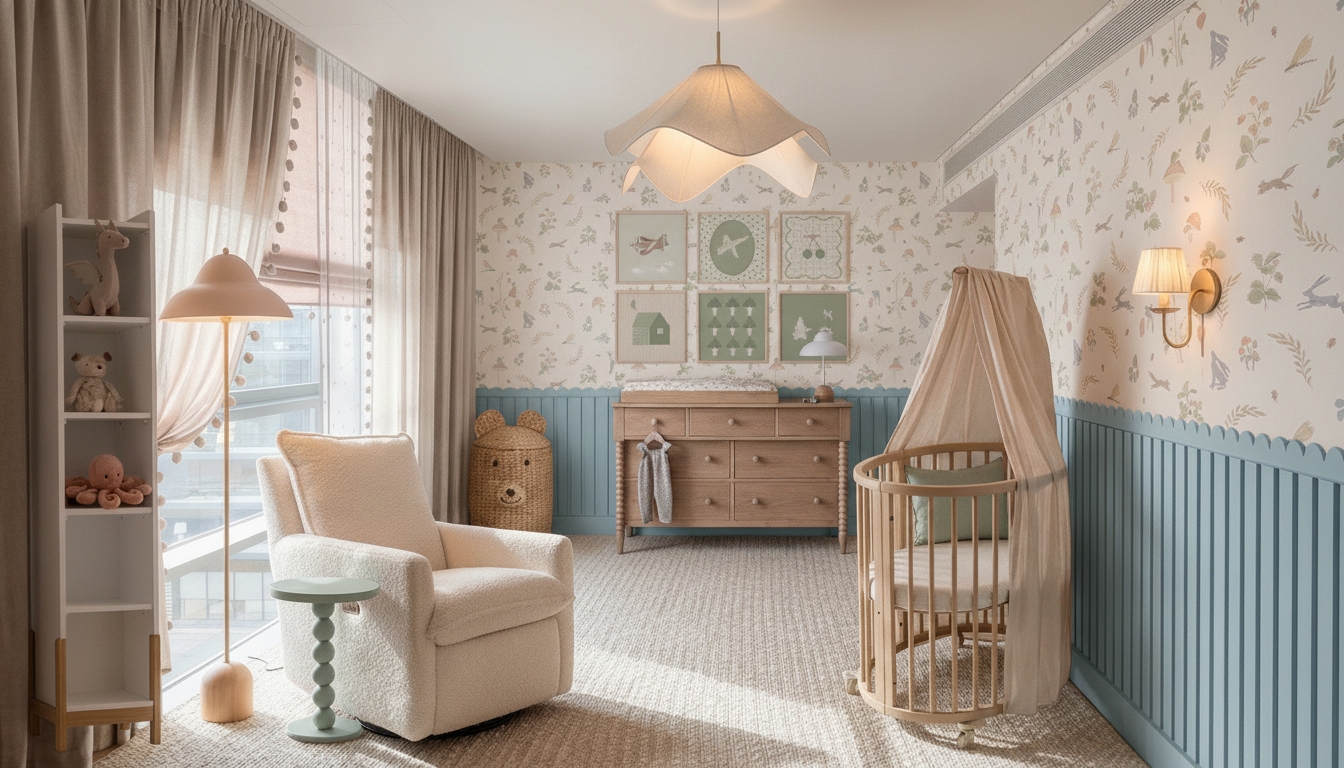 Change the color palette of this nursery to make it suitable for a newborn boy. Replace the dusty pink wainscoting, small pink side table, and pink accents with soft baby blue or sage green tones, while keeping the natural wood furniture, cream armchair, and room layout intact.