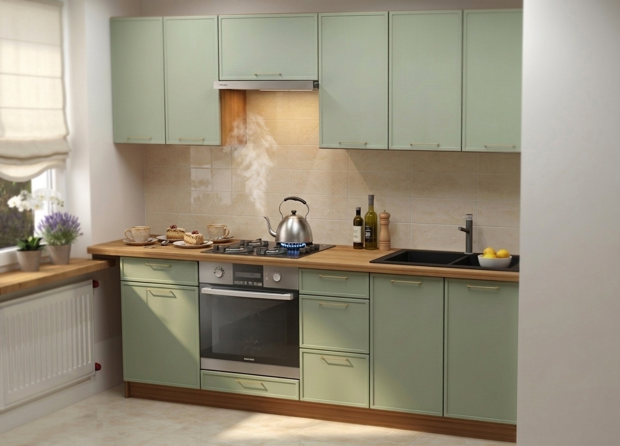 A photorealistic eye-level photograph of the kitchen bathed in soft morning daylight from the side window paired with warm under-cabinet lighting. The sage green cabinetry and oak countertop show authentic micro-textures and subtle grain. On the active gas hob, a traditional stainless steel kettle rests over blue burner flames, releasing soft, translucent wisps of rising steam. On the wooden counter where the cutting board was removed, two ceramic cups of coffee and two small dessert plates with cake slices are neatly arranged. Natural surface reflections, soft shadow transitions, shallow depth of field, and subtle optical grain bring realistic warmth and depth to the entire scene.
