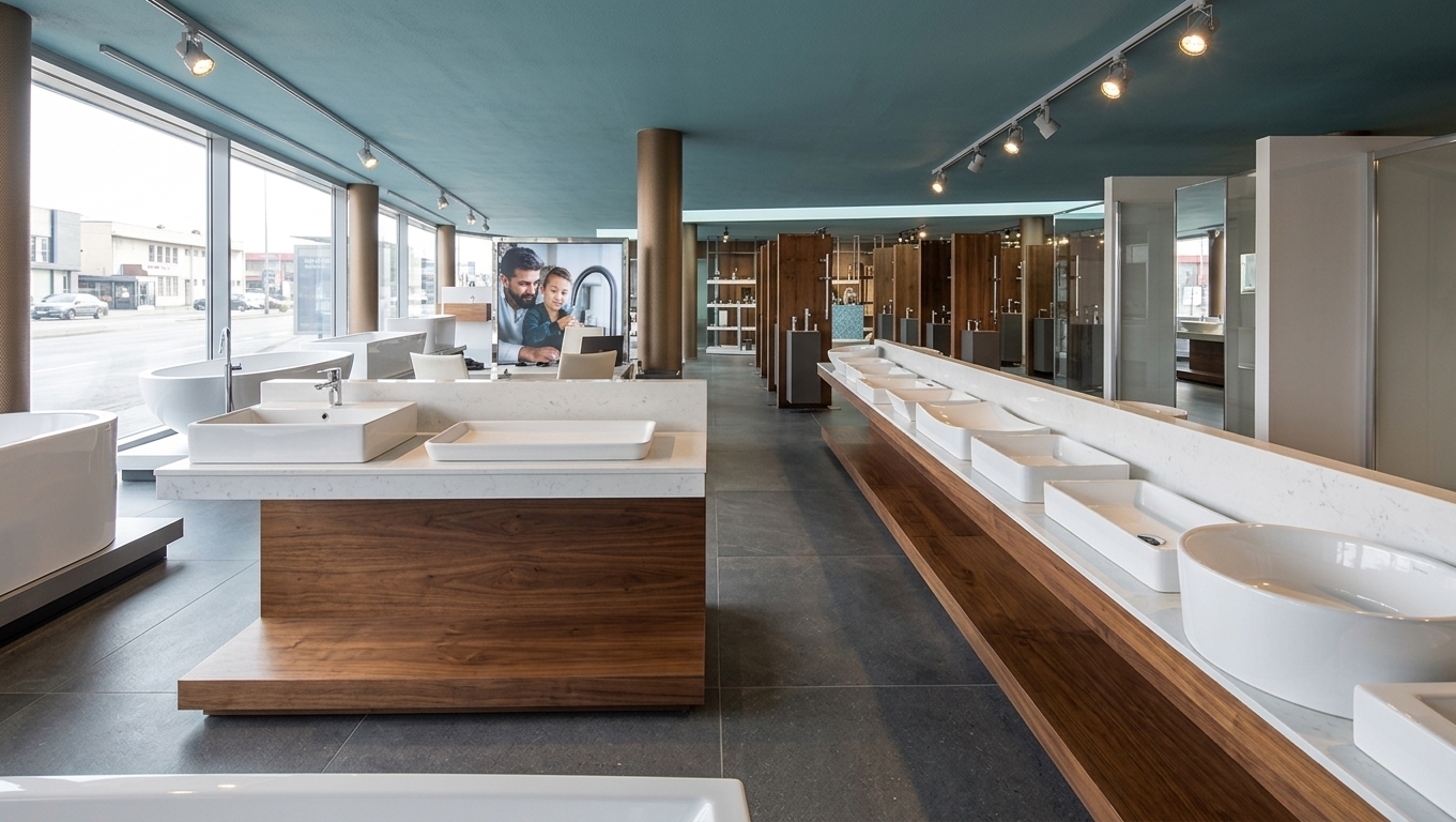 A photorealistic eye-level photograph of a modern sanitary ware showroom captured with a 50mm lens, preserving the exact perspective and layout. Natural daylight streams through the large left-side glass facade, casting soft directional shadows balanced by warm recessed ceiling spotlights. The floor features large semi-matte beige-grey stone tiles with fine grout lines, while cylindrical columns have a matte bronze finish. White display fixtures showcase an array of glossy ceramic sinks and bathtubs with crisp specular highlights and accurate reflections. The scene exhibits realistic material physics, faint glass reflections, subtle ambient occlusion, and natural lens depth, creating an authentic, brightly lit commercial space.