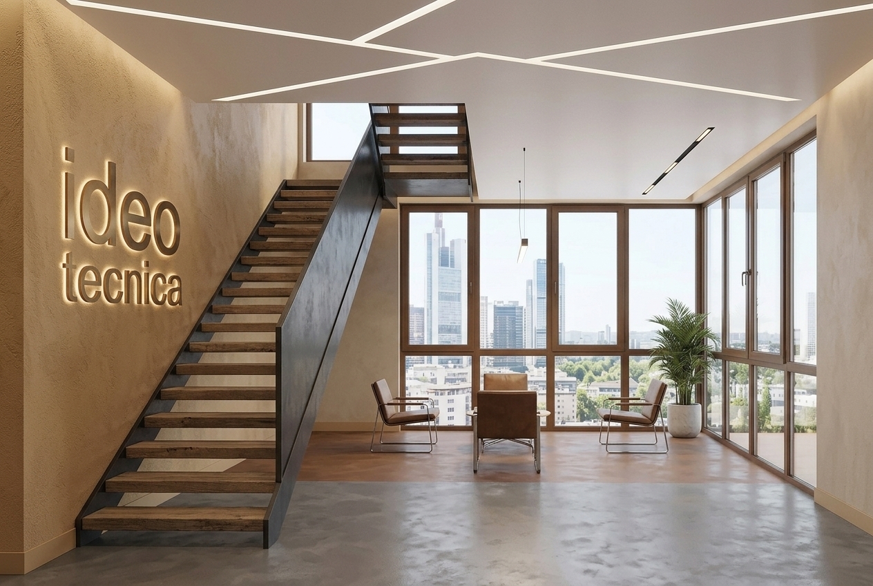 Transform this office interior into a photorealistic, elegant entrance and waiting area for a modern industrial building, preserving the overall architectural layout, ceiling height, and window openings. Remove the glass sliding doors and partition. Add an industrial-style modern staircase mirrored so it ascends starting from the left side. Place a warm sand-colored plaster wall behind the staircase. Maintain a sophisticated, representative industrial design aesthetic with concrete/microcement flooring, sleek modern finishes, warm ambient lighting from geometric recessed ceiling fixtures, and large panoramic windows in the background.
