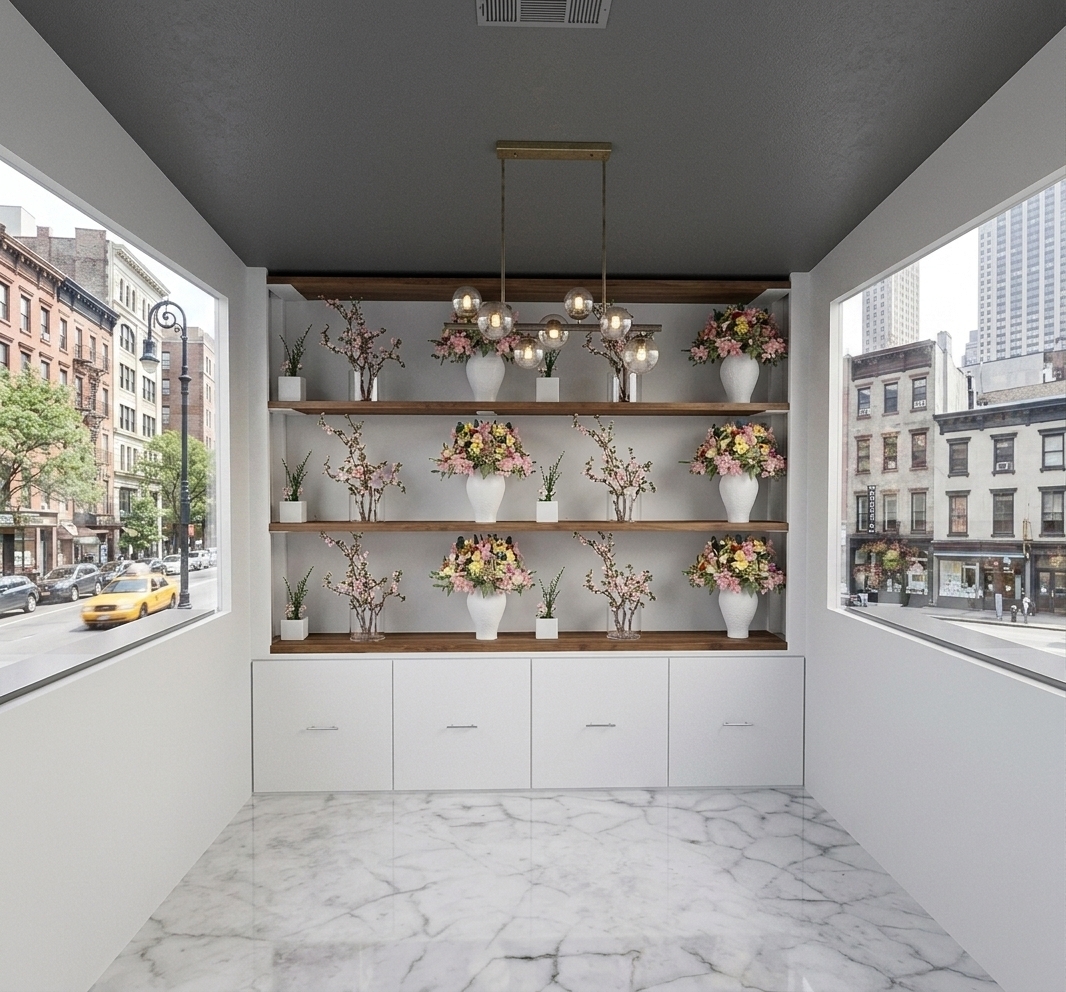 A crisp, photorealistic interior photograph preserving the exact composition, geometry, and placement of the shelving, floral vases, brass chandelier, and marble flooring, while replacing the outdoor water views visible through both flanking windows with a realistic urban streetscape. Natural daylight pours in through the large side windows, casting soft, directional light and authentic diffuse shadows across the room, with genuine reflections of the cityscape and interior elements visible on the polished marble tile floor and window glass. Fine photographic details include natural micro-textures on the wooden shelves and white ceramic vases, subtle glass refractions, gentle lens falloff, and an organic dynamic range balancing the bright outdoor street view with the interior ambient lighting.