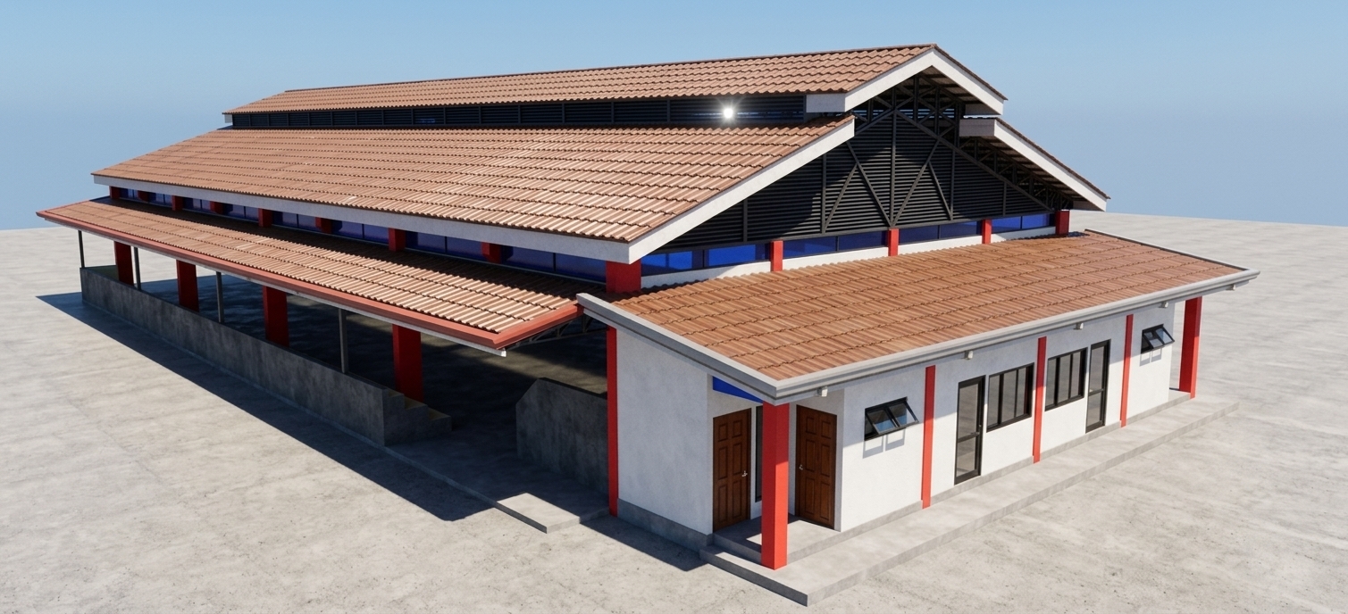 An architectural daylight photograph of the exact building structure under intense midday summer sun. Bright overhead light casts sharp, defined shadows beneath the multi-tiered brown corrugated roof and into the open-sided pavilion. The white plaster walls show subtle stucco texture, the red support pillars have a realistic semi-gloss finish, and the wooden doors exhibit natural grain. Realistic glass reflections, dark steel roof trusses, and smooth concrete surfaces complete the scene, captured with a sharp architectural lens, balanced exposure, and natural summer daylight color balance.