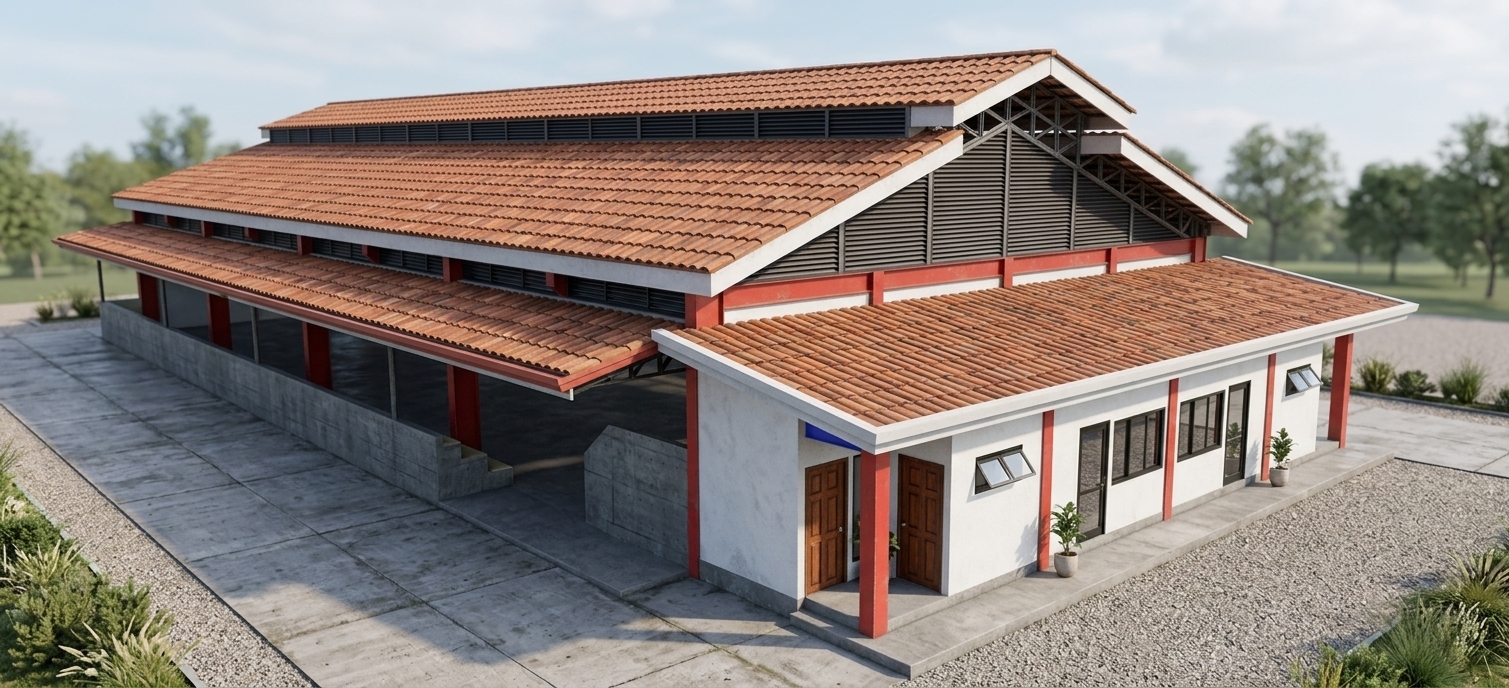A photorealistic architectural photograph of the building captured under bright, direct midday summer sunlight. The multi-tiered brown roof displays realistic corrugated texture and weathered finishes, while the white stucco walls and red structural pillars exhibit natural, subtle surface imperfections. High-angle sunlight casts sharp, well-defined shadows beneath the eaves, grandstand overhang, and exposed metal roof trusses. Real glass windows reflect the clear summer sky, the wooden panel doors show fine grain, and the concrete base features authentic pavement micro-textures, photographed with crisp clarity, balanced daylight exposure, and natural color tones.