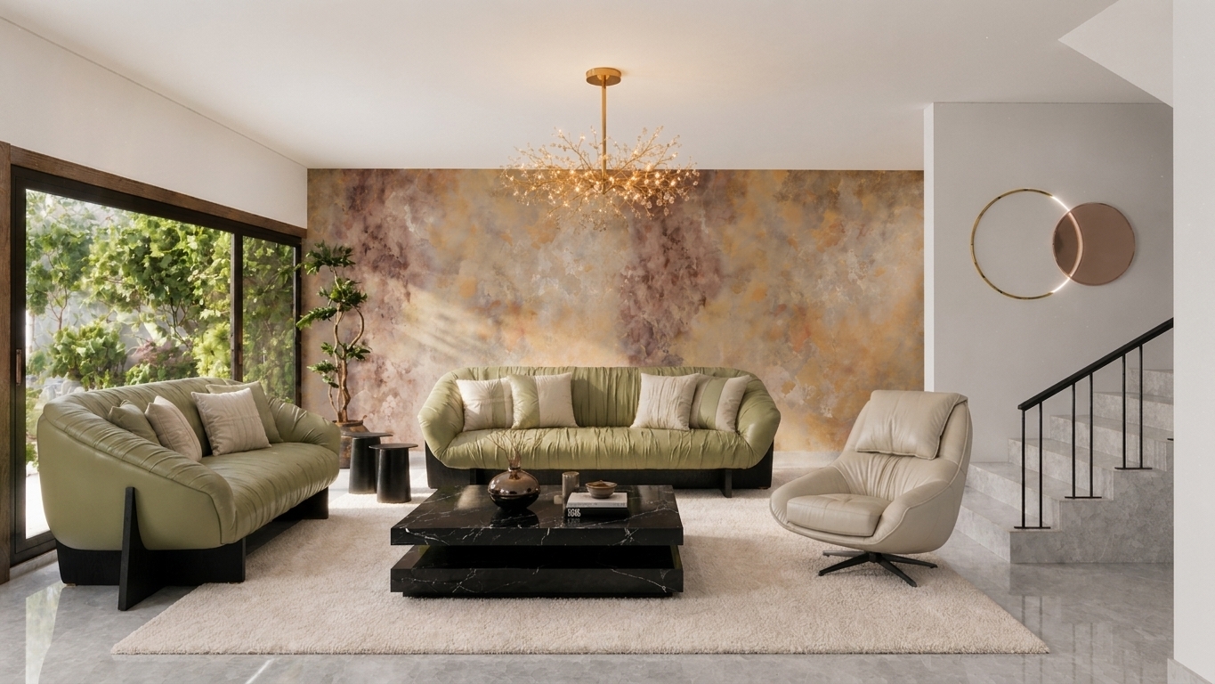 An architectural interior photograph of the modern living room captured with a 35mm lens, showcasing clear, defined colors and authentic natural lighting. Crisp daylight streams through the sliding glass doors, creating soft directional shadows across the polished floor and textured area rug. The olive green ribbed leather sofas, black marble coffee table, and beige armchair display realistic tactile textures, subtle creasing, and accurate specular highlights. Warm ambient light from the golden chandelier softly illuminates the textured feature wall, balanced with the vibrant natural greenery outside, captured with true-to-life exposure, rich dynamic range, and subtle film grain.