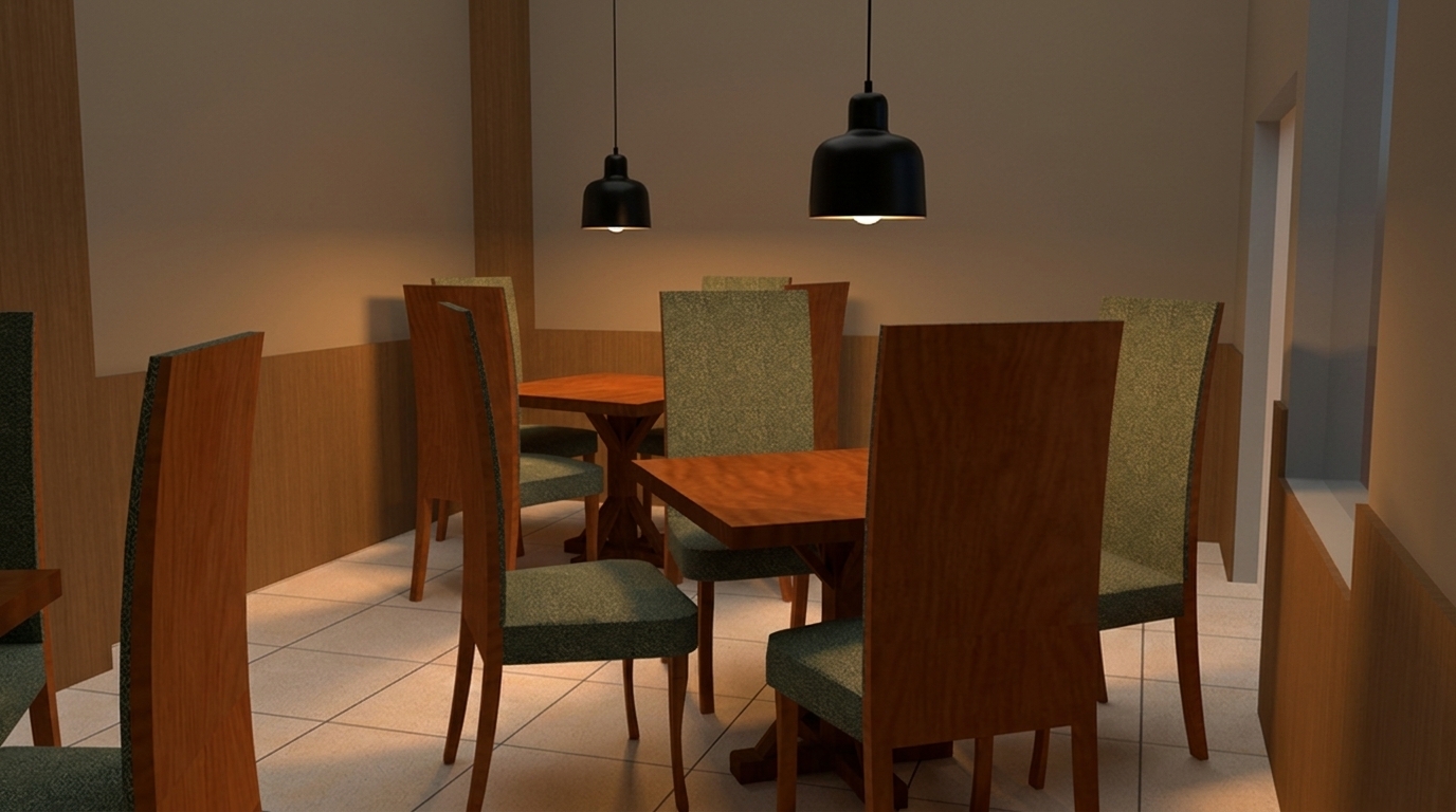 Add minimalist classic pendant lamps with sleek black fixtures suspended over each wooden dining table, casting a soft, warm light downward. Dim the natural sunlight entering the room to create a cozy, ambient atmosphere focused on the warm interior illumination.