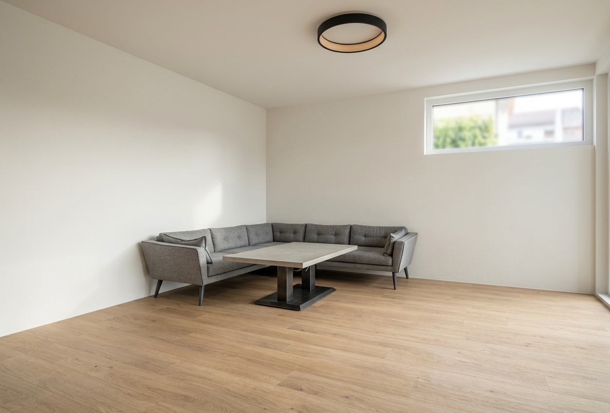 An incredibly lifelike, richly detailed, photorealistic wide-angle interior shot of a serene boutique coffee shop lounge set in a modern minimalist urban haven. The scene is illuminated by soft, natural daylight filtering through the high clerestory window, complemented by the warm, ethereal ambient glow from a slim circular halo pendant suspended from the ceiling, creating a peaceful, zen-inspired atmosphere. Captured with a full-frame architectural camera and a 24mm tilt-shift lens, emphasizing the organic tactile grain of the hardwood floor, the refined linen upholstery, and the velvety matte finish of the clean white walls.

The spatial composition is defined by clean lines and an uncluttered, tranquil layout. In the corner, a sleek L-shaped banquette sectional is upholstered in high-end heather gray woven fabric, tailored with crisp seams and supported by slender, tapered matte-black metal legs that cast gentle shadows onto the floor. Nestled within the corner seating is a contemporary minimalist dining table featuring a honed light gray stone tabletop resting on a robust, sculptural pedestal base in a dark charcoal finish. On the table's clutter-free surface, a thoughtfully placed hardbound architectural photography book adds an artistic, intellectual touch.

The expansive floor is rendered in wide-plank Scandinavian white oak with natural knots and a soft satin sheen that subtly reflects the ambient light. The surrounding pristine white plaster walls provide a bright, airy backdrop, enhanced by a subtle interplay of soft gradient shadows. High on the right wall, a recessed horizontal clerestory window framed in minimalist trim visually connects the space with the exterior while preserving an intimate, private cafe ambiance. Every element exemplifies modern elegance, thoughtful ergonomics, and a calm, monochromatic design language.