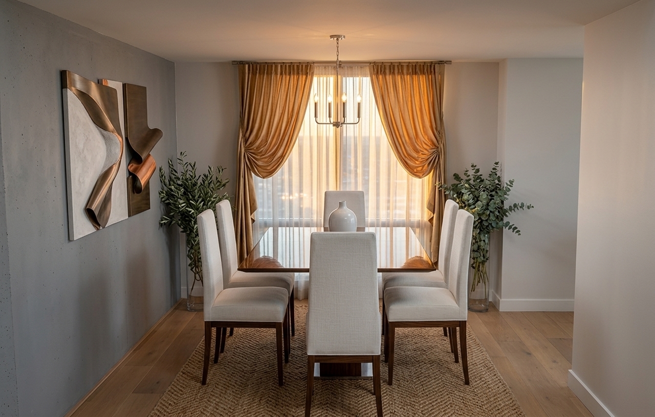 An incredibly lifelike, richly detailed, photorealistic eye-level interior shot of a modern fusion dining room set in a sleek urban apartment. The scene is illuminated by the soft, warm glow of a golden sunset pouring through sheer drapery and accented by a delicate minimalist chandelier overhead, creating an intimate, sophisticated, and serene atmosphere. Captured with a 35mm architectural wide-angle lens at f/8, emphasizing smooth reflective surfaces, tactile fabric textures, and bold geometric silhouettes. At the center, a polished rectangular dining table is surrounded by high-backed contemporary chairs upholstered in crisp off-white fabric with refined wooden legs, anchored over a woven, textured area rug. The far window is framed by elegantly tied golden-caramel drapes and flanked by tall glass floor vases brimming with lush botanical arrangements, while the minimalist gray wall showcases a dynamic, sculpted metallic and plaster abstract art piece that adds a striking dimensional accent to this impeccably styled, open-concept dining space.