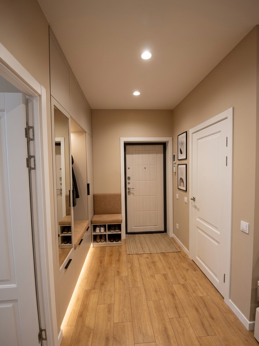 An incredibly lifelike, richly detailed, photorealistic wide-angle interior photograph of a redesigned contemporary apartment hallway and mudroom set in a warm, welcoming residential interior. The scene is illuminated by soft 3000K recessed ceiling spotlights combined with a gentle, hidden LED glow beneath cabinetry, creating an inviting, cozy, and sophisticated atmosphere. Captured with a 24mm wide-angle lens at eye level, emphasizing crisp architectural lines, realistic wood grain, and clean matte surfaces.

On the left, the freestanding coat rack is replaced with a sleek, cost-effective built-in modular entryway unit featuring a full-length mirrored door, closed storage for outerwear, an integrated cushioned bench in warm textured fabric, and dedicated lower cubbies for organized shoe storage. The original warm-beige walls and honey-oak flooring are retained, now elevated by a curated duo of minimalist abstract art prints in slender black frames on the right wall. The existing white doors with decorative panels seamlessly tie the space together, while a neutral textured jute-blend runner rug at the entrance replaces the utilitarian mat, achieving an affordable yet undeniably chic contemporary aesthetic tailored for everyday comfort and functionality.