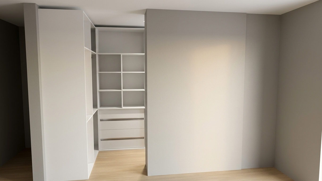 Professional architectural photograph of the closet interior bathed in soft, natural ambient light. Warm, balanced illumination fills the space, casting subtle, diffused shadows across the matte painted walls and custom white shelving. The light oak flooring displays realistic fine grain texture and a gentle satin sheen. Captured with a 35mm lens, featuring natural dynamic range, realistic light falloff, and subtle sensor grain for authentic photographic realism.