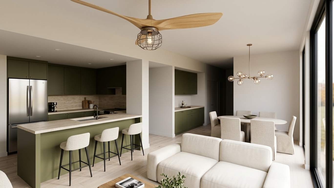 An incredibly lifelike, richly detailed, photorealistic wide-angle interior photograph of an open-concept living, dining, and kitchen space set in a bright, modern apartment. The scene is illuminated by gentle, diffused midday autumn sunlight streaming in through floor-to-ceiling black-framed windows, seamlessly complemented by soft, warm interior ambient glow from contemporary designer fixtures, creating a serene, tranquil, and uncluttered atmosphere. Captured with a 24mm architectural tilt-shift lens on a full-frame camera, emphasizing the tactile textures of honed stone, soft woven textiles, natural timber grains, and sleek matte finishes.

In the foreground, a minimalist living space invites quiet relaxation with a low-profile modular sofa upholstered in a plush, tactile ivory fabric. Resting nearby is a low-slung coffee table crafted from warm natural wood, holding an open photography book and subtle touches of discreet greenery that bring an organic, zen-inspired balance to the room. Overhead, a sculptural three-blade ceiling fan carved from polished blonde wood with a central industrial cage pendant light commands the upper volume with graceful modernity.

To the left, the kitchen showcases a seamless fusion of functionality and refined style. Rich olive-green matte cabinetry and island cladding provide a grounded earthy contrast against the pale walls. The expansive breakfast bar is topped with a smooth, honed travertine countertop featuring subtle, organic veining, complemented by three minimalist barstools with slender charcoal-black wire legs and textured cream seats. Behind the counter, a brushed stainless-steel refrigerator captures soft ambient reflections alongside a sleek matte-black faucet and matching stone backsplash.

Adjacent to the kitchen, the open layout leads into an airy dining zone. A streamlined oval dining table is surrounded by elegant, high-backed upholstered chairs in a delicate oatmeal textile. Above the table hangs a sophisticated modern chandelier composed of suspended translucent glass globes, casting delicate specular highlights across the uncluttered surfaces. In the background, a bespoke light-wood bar unit with integrated shelving and wine storage adds functional warmth, while the pale bleached-oak plank flooring ties the entire composition together into a cohesive, tranquil, and sophisticated modern haven.