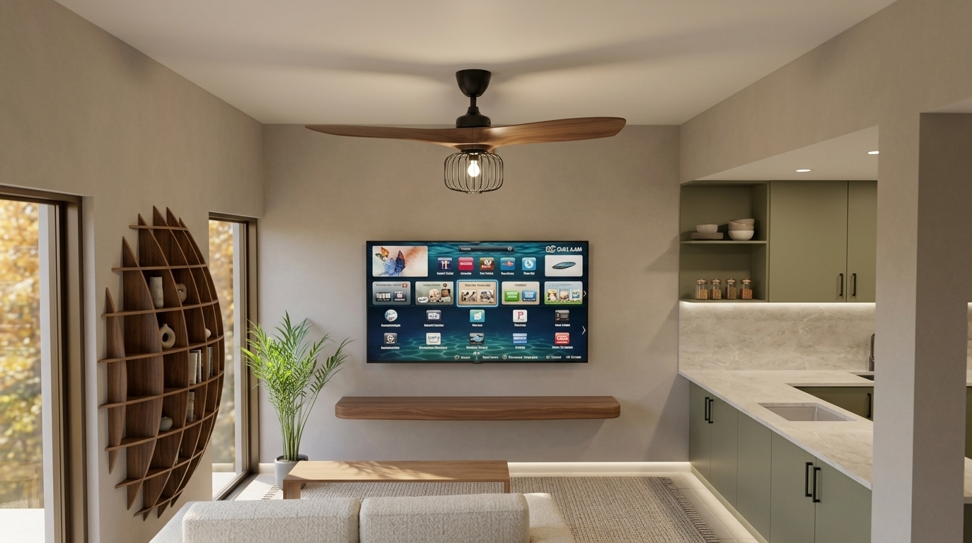 An incredibly lifelike, richly detailed, photorealistic wide-angle interior shot of a modern, minimalist living room seamlessly integrated with an open kitchen, set in a contemporary urban residence during a clear autumn midday. The scene is illuminated by soft daylight pouring through floor-to-ceiling sliding glass doors on the left, paired with warm, diffuse overhead ambient light and soft linear floor-level cove lighting, creating a serene, balanced, and tranquil atmosphere. Captured with a professional full-frame camera and a 24mm tilt-shift lens, emphasizing the rich natural grain of the timber elements, the velvety matte finish of the warm neutral walls, and the subtle veining of the stone countertop. At the heart of the space, a flat-screen television is mounted neatly above a floating wooden console with smooth, organic contours, situated across from the back of a tailored, off-white sofa and a low-profile coffee table resting on a textured neutral rug. A sculptural, globe-shaped slatted wood shelf adorns the adjacent wall, adding geometric artistry beside a slender, vibrant green indoor potted plant, while overhead, an elegant wooden-bladed fan with a matte black wire-cage pendant provides a dynamic focal point. To the right, the kitchen area extends gracefully with muted olive-green cabinetry, minimalist open display shelving, and an immaculate light stone countertop, perfectly embodying an uncluttered, modern, and zen-inspired haven.