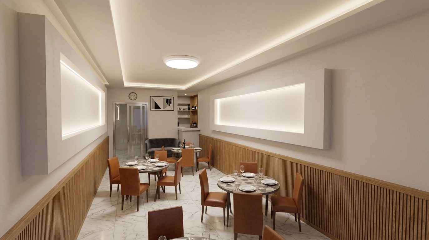 An incredibly lifelike, richly detailed, photorealistic wide-angle interior photograph of an intimate modern fusion restaurant dining hall set in a sophisticated urban venue. The scene is illuminated by soft perimeter ceiling coves, luminous recessed light boxes mounted along the walls, and a central diffused ceiling fixture, creating a warm, tranquil, and luxurious dining atmosphere. Captured with a professional 24mm architectural wide-angle lens, emphasizing the tactile vertical fluting of natural oak wood slat wainscoting, the delicate veining across polished white marble floor tiles, and the fine matte texture of the off-white plaster walls. Neatly arranged across the elongated space, circular dining tables topped with contemporary geometric surfaces and crisp porcelain dinnerware are paired with sleek cognac-upholstered chairs, naturally guiding the eye through the balanced linear perspective toward the glass-framed entryway, minimalist abstract artwork, and an inviting rear service nook.
