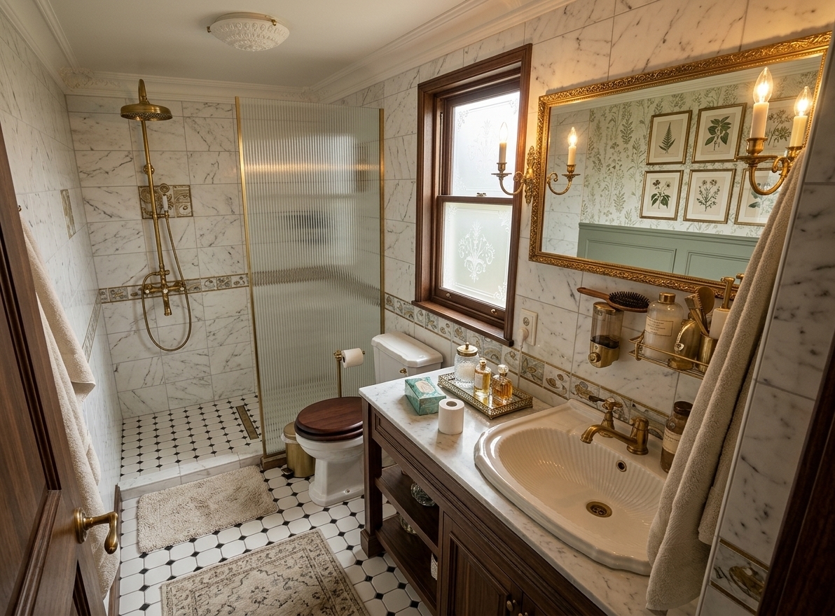 An incredibly lifelike, richly detailed, photorealistic wide-angle interior shot of an exquisitely remodeled bathroom reimagined in Victorian elegance, set in a luxurious heritage home. The scene is illuminated by the warm, inviting glow of vintage double brass candelabra sconces and soft diffused morning light filtering through an etched frosted sash window, creating an opulent, serene, and timeless atmosphere. Captured with a professional 24mm architectural wide-angle lens, emphasizing rich wood grains, veined white Carrara marble, and polished antique brass finishes. 

In place of the former clutter, the washing machine has been removed to create an open, harmonious layout anchored by a bespoke dark walnut vanity unit adorned with intricate mouldings, brushed brass hardware, and a solid marble countertop cradling an undermount porcelain basin and Victorian bridge faucet. Above it hangs a grand, ornate gilded mirror reflecting sophisticated sage-green wainscoting paired with delicate botanical heritage wallpaper. The shower area is transformed with a seamless fluted glass partition and exposed brass thermostatic shower pipework, while classic black-and-white encaustic mosaic floor tiles complete the refined, aristocratic aesthetic.