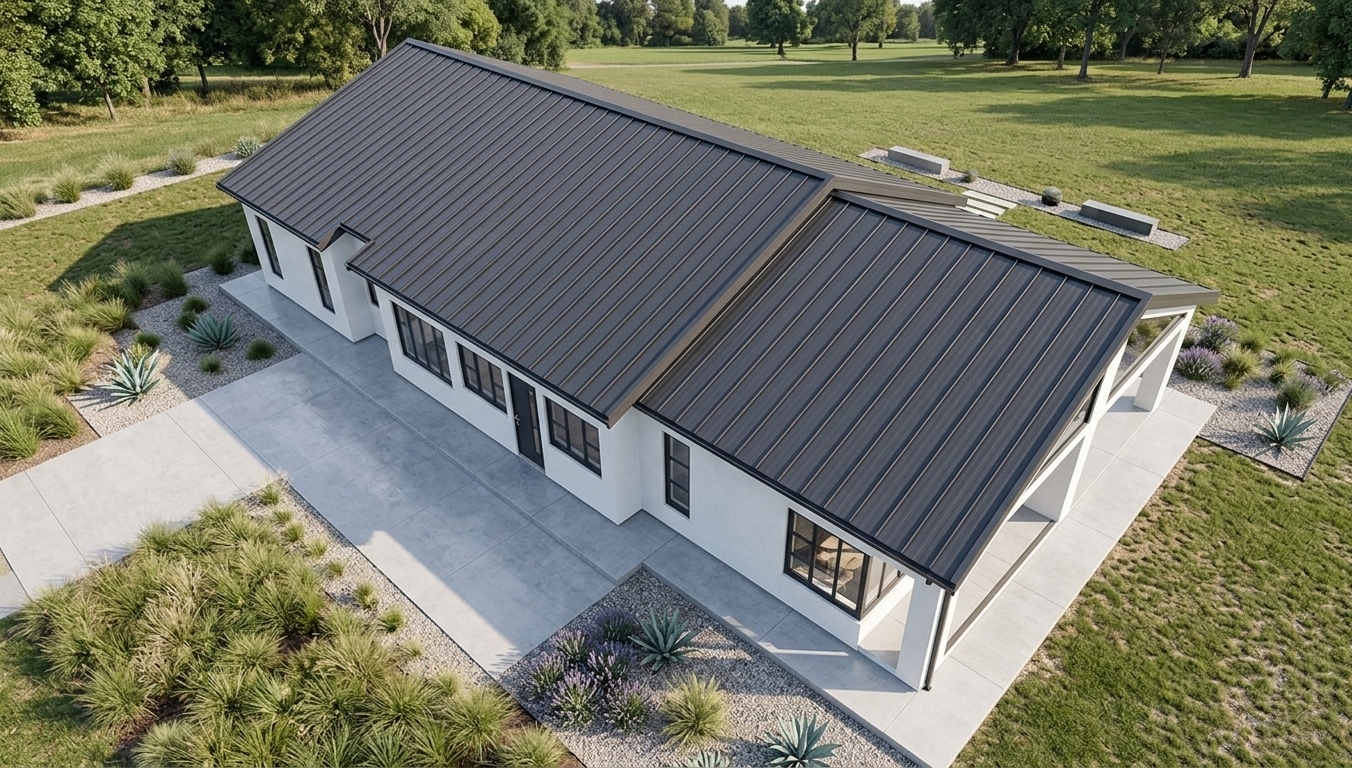 An incredibly lifelike, richly detailed, photorealistic high-angle architectural photo of a contemporary single-story house exterior set in a serene, manicured landscape. The scene is illuminated by crisp, natural daylight with delicate directional shadows, creating a calm and sophisticated minimalist haven atmosphere. Captured with a high-resolution medium-format aerial camera, emphasizing the fine ridges of the dark charcoal standing-seam metal roof plan, the pristine smooth finish of the white exterior walls, and the sleek dark aluminum frames of the expansive windows and glass corner installations. The elevated vantage clearly defines the clean geometric rooflines, the welcoming entryway, and the wrapped paved terrace, presenting a perfectly balanced modern residential retreat.