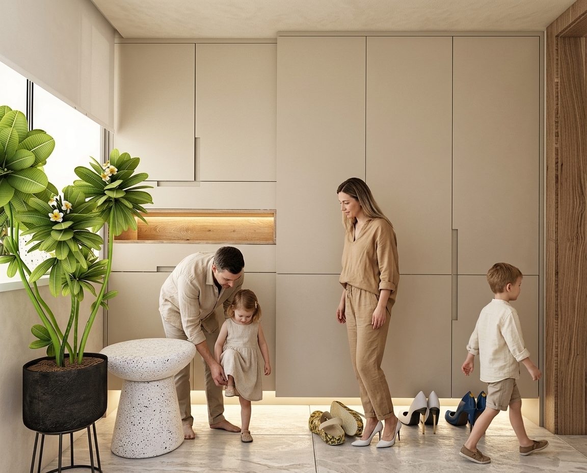 Transform this image of a minimalist entryway and wardrobe area into an ultra-realistic architectural photograph while preserving all original geometry, architecture, furniture, floor tiles, recessed shelving, plant, terrazzo stool, and exact camera perspective.

Apply a refined luxury Boho Japandi aesthetic:
- Walls and ceiling: Seamless continuous surface with a warm creamy beige/oatmeal decorative mineral plaster finish (Jeger Shabby Chic Fluff/Bloom inspired), soft matte texture, and no cold or gray undertones.
- Cabinetry: Finished in ultra-matte lacquer in a matching warm sand tone, approximately 5–10% darker than the walls, preserving all panels, reveals, and integrated handles.
- Materials: Physically accurate textures for the light floor tiles, wooden niche, speckled terrazzo stool, potted plant, and under-cabinet warm LED lighting.
- Lighting: Soft natural daylight coming from the left window balanced with subtle warm under-cabinet cove lighting.

Naturally integrate a family (mother, father, son, daughter) in linen Boho/Japandi neutral attire, casually engaging in an everyday entryway moment (e.g., preparing to leave, putting on or taking off shoes, casually passing through). They should occupy only 10–15% of visual focus, maintaining relaxed, authentic postures without posing for the camera. Architectural Digest lifestyle photography quality with realistic skin tones, balanced exposure, and high material realism.