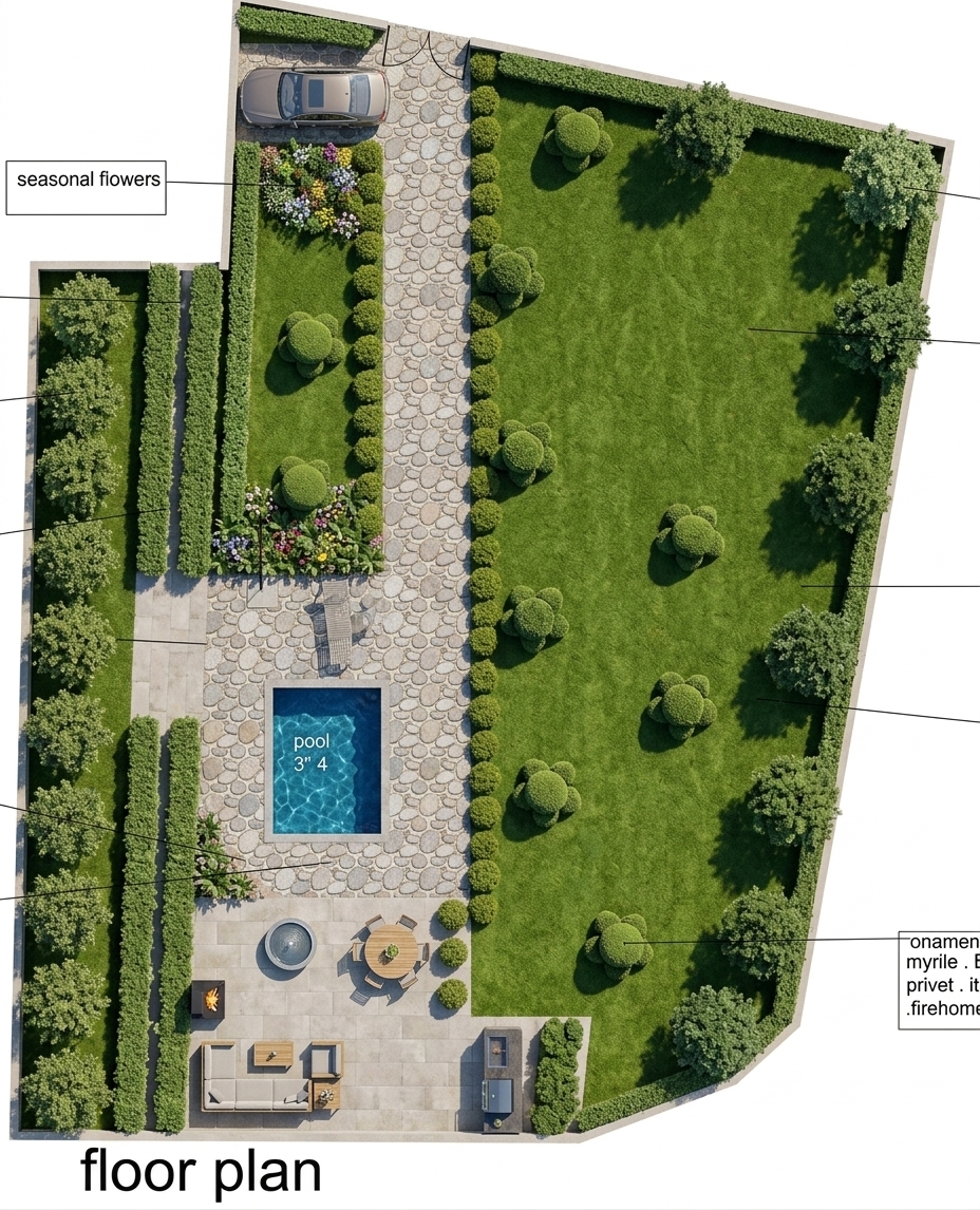 An incredibly lifelike, richly detailed, photorealistic top-down aerial architectural photograph of a luxury modern fusion outdoor garden set in a high-end contemporary private residence. The scene is illuminated by crisp, radiant midday sunlight casting subtle geometric shadows, creating a serene, upscale, and invigorating atmosphere. Captured with a high-resolution medium-format drone camera, emphasizing tactile stone textures, rich emerald foliage, and crystalline water reflections. The layout features a shimmering rectangular pool with deep azure water nestled within textured cobblestone paving, adjacent to a parked vehicle and framed by lush seasonal flowerbeds. Below, a sleek modular tiled patio hosts an outdoor fireplace, an industrial-inspired barbecue station, and an elegant dining table beside a modern circular water feature. An expansive, meticulously manicured lawn extends across the grounds, dotted with sculpted topiary bushes, mature ornamental trees, and neat privet hedges, perfectly merging sleek contemporary living with vibrant, flourishing nature.