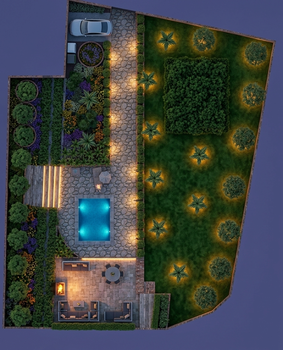 An incredibly lifelike, richly detailed, photorealistic top-down aerial photograph of a luxurious contemporary outdoor garden and entertainment courtyard set in an upscale private estate at twilight. The scene is illuminated by glowing turquoise-blue underwater pool lights, warm integrated LED step lights along the terraced stone stairs, dramatic golden uplighting nestled beneath manicured ornamental trees, and the inviting amber flicker of a built-in outdoor fireplace, creating a tranquil, sophisticated, and ambient evening atmosphere. Captured with a high-resolution medium format camera using a sharp wide-angle lens, emphasizing the intricate textures of natural cobblestone pathways, pristine emerald-green lawns, velvety foliage of layered flowerbeds, sleek tiled patio flooring, and the crystal-clear, illuminated water of the 3x4-meter swimming pool, seamlessly integrating high-end modern living with lush botanical elegance.