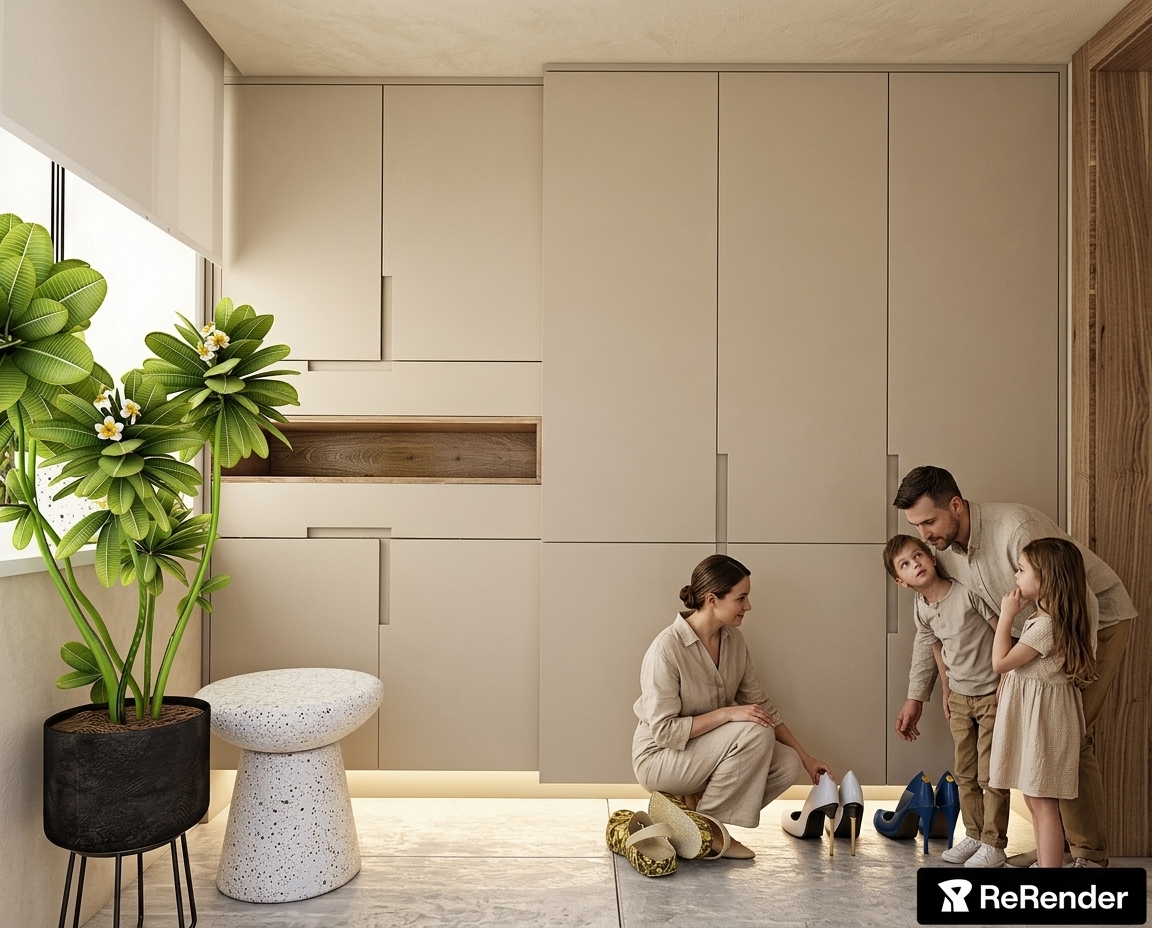 Transform this image into an ultra-realistic architectural photograph while preserving 100% of the exact geometry, furniture, objects, camera angle, and spatial layout visible in the original scene.

Preserve exactly:
- The full-height cabinetry with recessed handles and illuminated wooden niche.
- The potted plant with white flowers, the speckled terrazzo stool, tiled flooring, and shoes at the base.
- All perspective, proportions, framing, and architectural details.

Boho Japandi Material & Color Updates:
- Walls and Ceiling: Apply a continuous, powdery matte mineral plaster finish in a warm creamy beige / oatmeal tone (inspired by Jeger Shabby Chic Fluff/Bloom), unifying the walls and ceiling seamlessly without white trims or cool undertones.
- Cabinet Fronts: Update the cabinet panels to an ultra-matte lacquer in a matching warm sand-beige tone, approximately 5–10% darker than the walls for subtle, monochromatic depth.
- Retain the natural warm wood grain inside the recessed display niche.

Family Integration:
- Naturally incorporate a family (mother, father, son, and daughter) into the entrance/hallway space, engaged in quiet, spontaneous everyday actions (e.g., pausing, entering, or conversing).
- Clothing: Neutral, high-end linen and cotton in beige, oatmeal, and earth tones fitting a Boho Japandi aesthetic.
- The family should occupy only 10–15% of visual focus, keeping the architecture and cabinetry as the primary subject.

Lighting & Photographic Realism:
- Render with realistic soft natural daylight complemented by the warm under-cabinet LED glow.
- Ensure physically accurate textures, reflections, and full-frame architectural lens sharpness suitable for high-end design publications.