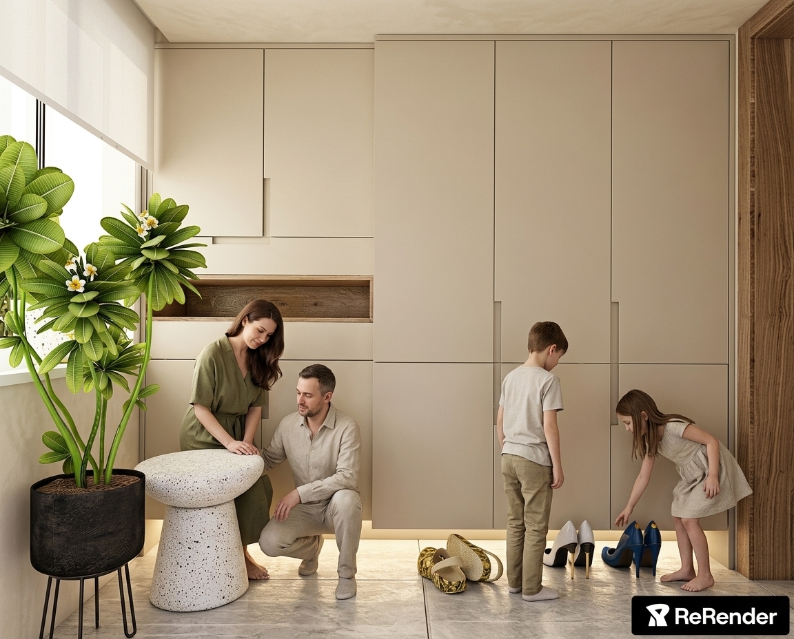 Transform this entryway image into an ultra-realistic architectural photograph while preserving 100% of the original geometry, perspective, cabinetry design, recessed wood niche, terrazzo stool, potted plant, shoes, and layout.

Refine the color palette to a warm Boho Japandi aesthetic:
- Walls and Ceiling: Apply a seamless decorative mineral plaster in a warm creamy beige tone (inspired by Jeger Shabby Chic Fluff/Bloom) with a soft, powdery matte texture.
- Cabinetry: Update cabinet fronts to an ultra-matte lacquer in a matching warm sand beige, 5–10% darker than the walls.
- Materials: Enhance all physical textures with realistic detail—natural wood grain in the niche, authentic terrazzo on the stool, lifelike foliage, and balanced reflective floor tiles.

Naturally integrate a realistic family (brunette mother aged 35 in linen, father aged 42, 12-year-old son, and 10-year-old daughter) in neutral, earthy tones. Position them engaging in natural, unposed everyday entrance activities (such as putting on shoes or passing through) occupying only 10–15% of visual attention without blocking key architectural lines.

Render with full-frame architectural photography realism, soft natural daylight, subtle warm under-cabinet cove lighting, and balanced dynamic range suitable for high-end interior editorial publications.