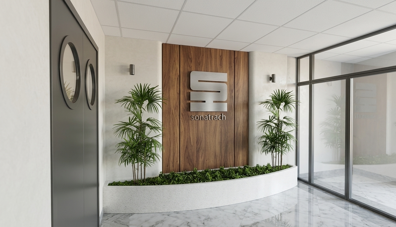 A crisp architectural photograph of the modern corporate lobby entrance captured at midday in spring with a 28mm wide-angle lens. Natural, bright daylight floods through the adjacent glass facade, balancing with soft warm ambient lighting from the wall sconces to cast subtle, realistic contact shadows beneath the curved planter box. The rich vertical wood paneling exhibits delicate natural grain and satin reflections behind the dimensional, matte golden corporate logo. Luscious green bamboo palms and low shrubs show fine leaf textures, moisture, and translucent highlights. The polished marble floor displays authentic veining, faint surface sheen, and soft reflections of the surrounding walls and matte gray ceiling tiles, maintaining crisp photographic fidelity with gentle lens vignetting and subtle depth of field.