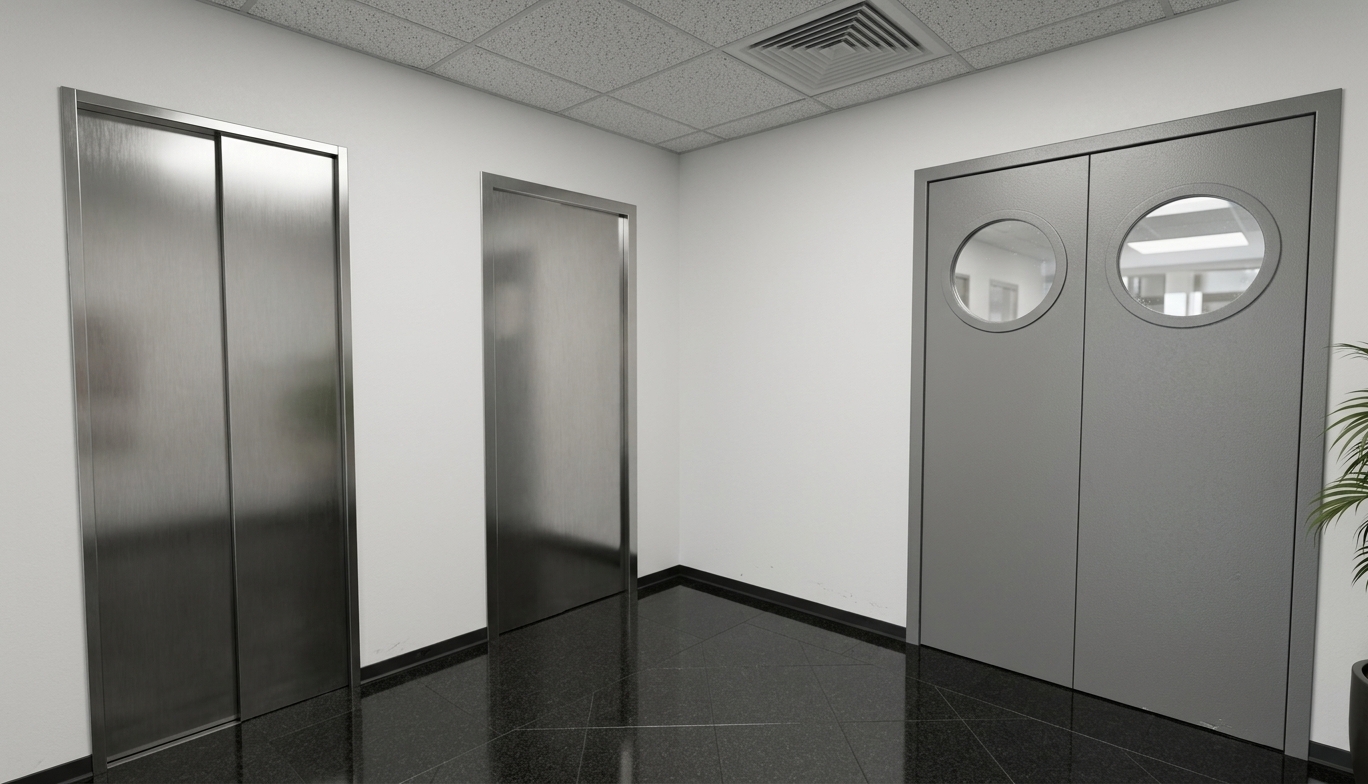 A realistic architectural photograph of the interior hallway, illuminated by bright, neutral midday spring ambient light softly diffusing across the space. The scene retains the exact composition, showcasing clean white drywall with subtle matte texture, brushed stainless steel elevator doors with realistic sheen, and painted metal doors with glass porthole inserts capturing faint reflections. The polished marble floor tiles display natural grey veining, crisp reflections, and fine grout lines bordered by dark matte tiles, while standard acoustic ceiling tiles feature delicate grid seams overhead. Natural indoor lighting creates gentle falloff in the corners, subtle contact shadows at the baseboards, fine surface micro-textures, and a clean, sharp lens focus without distortion.