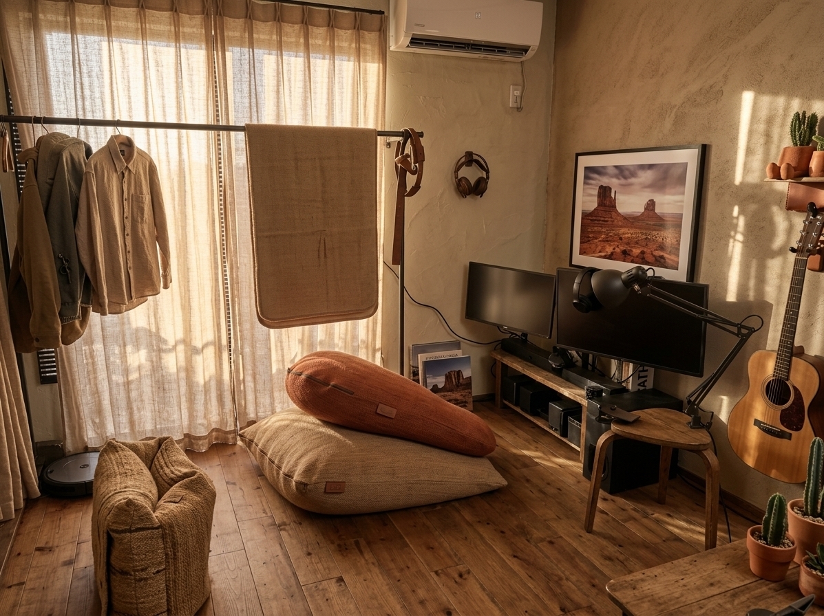 An incredibly lifelike, richly detailed, photorealistic wide-angle interior shot of a minimalist living room transformed into a serene desert retreat set in a sun-drenched Southwestern-inspired home. The scene is illuminated by golden afternoon sunlight filtering through warm, gauzy linen drapery, creating an earthy, tranquil, and meditative atmosphere. Captured with a 24mm f/2.8 lens, emphasizing the tactile textures of rough-troweled adobe walls, coarse woven textiles, and the raw grain of reclaimed timber. 

The reimagined space trades clutter for intentional simplicity, wrapped in a palette of warm terracotta, desert beige, and sandy neutrals. In place of the temporary racks and floor cushions, a low-profile reclaimed wood bench sits against a lime-washed accent wall, decorated with curated photography books and a striking large-scale framed desert landscape print. The acoustic guitar hangs elegantly against a textured plaster backdrop, flanked by terracotta vessels holding sculptural cacti and succulents. Low-slung, organic linen seating and a natural jute area rug ground the room, establishing a pared-down, arid sanctuary that harmoniously balances rustic Southwestern warmth with modern minimalist functionality.